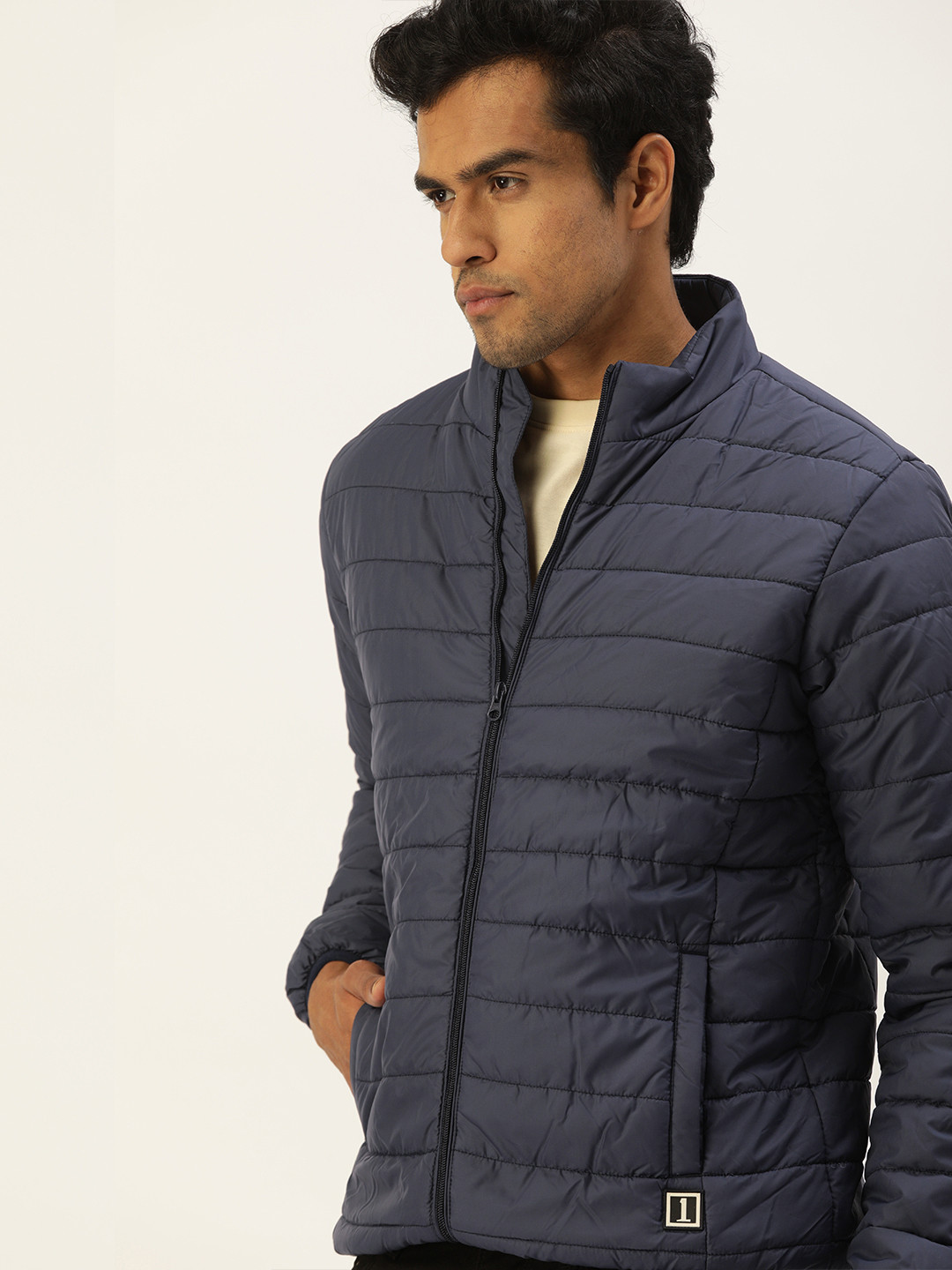 

SINGLE Men Navy Blue Solid Puffer Jacket