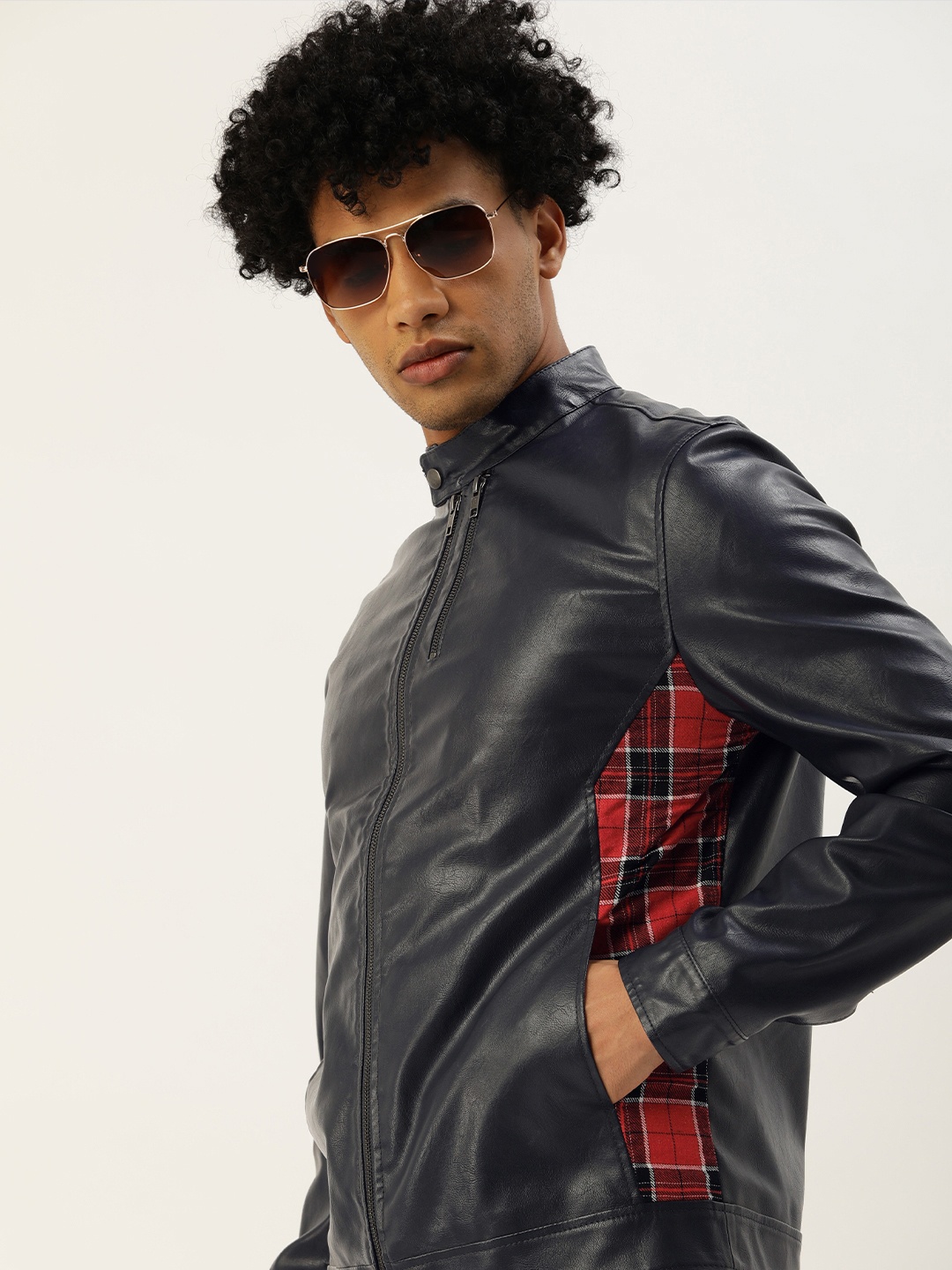 

SINGLE Men Navy Blue Solid Biker Jacket