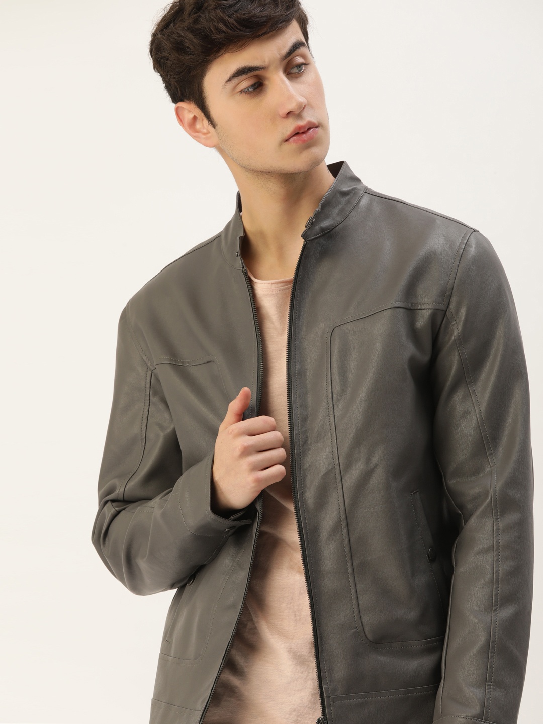 

SINGLE Men Grey Biker Jacket