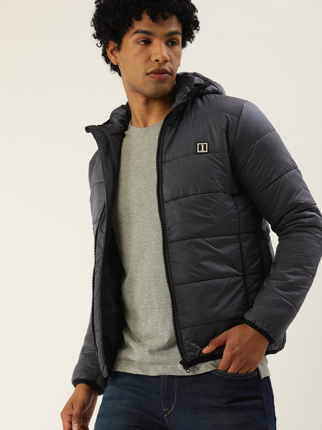 

SINGLE Men Navy Blue Solid Hooded Casual Padded Jacket