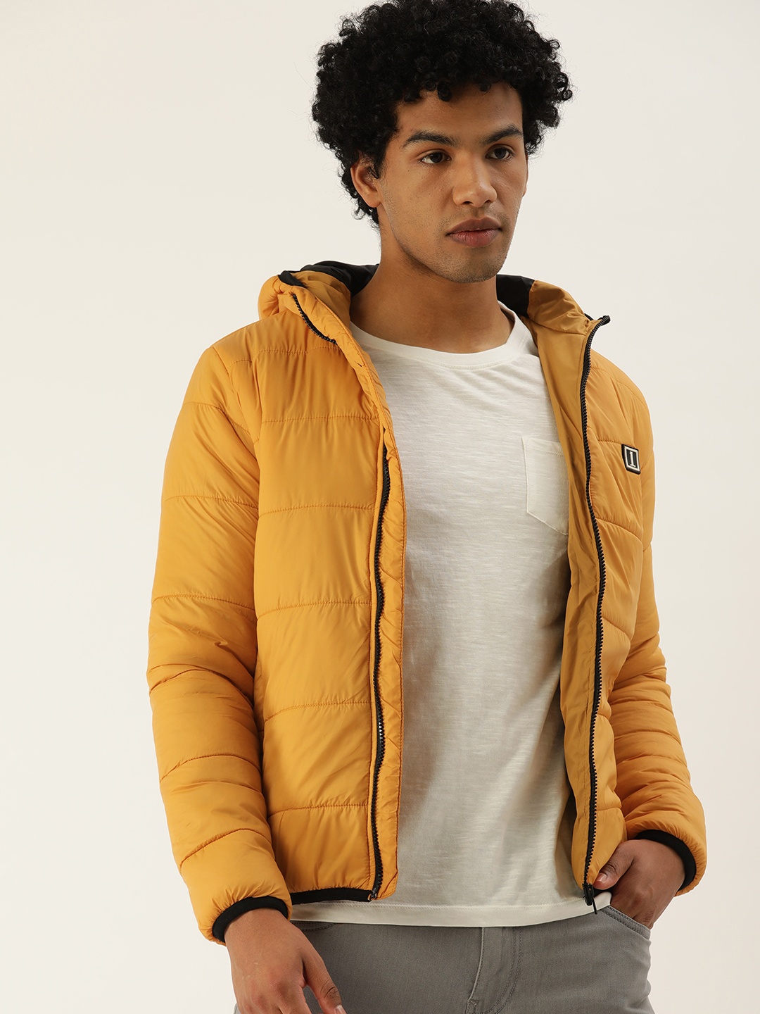 

SINGLE Men Mustard Yellow Solid Hooded Casual Padded Jacket