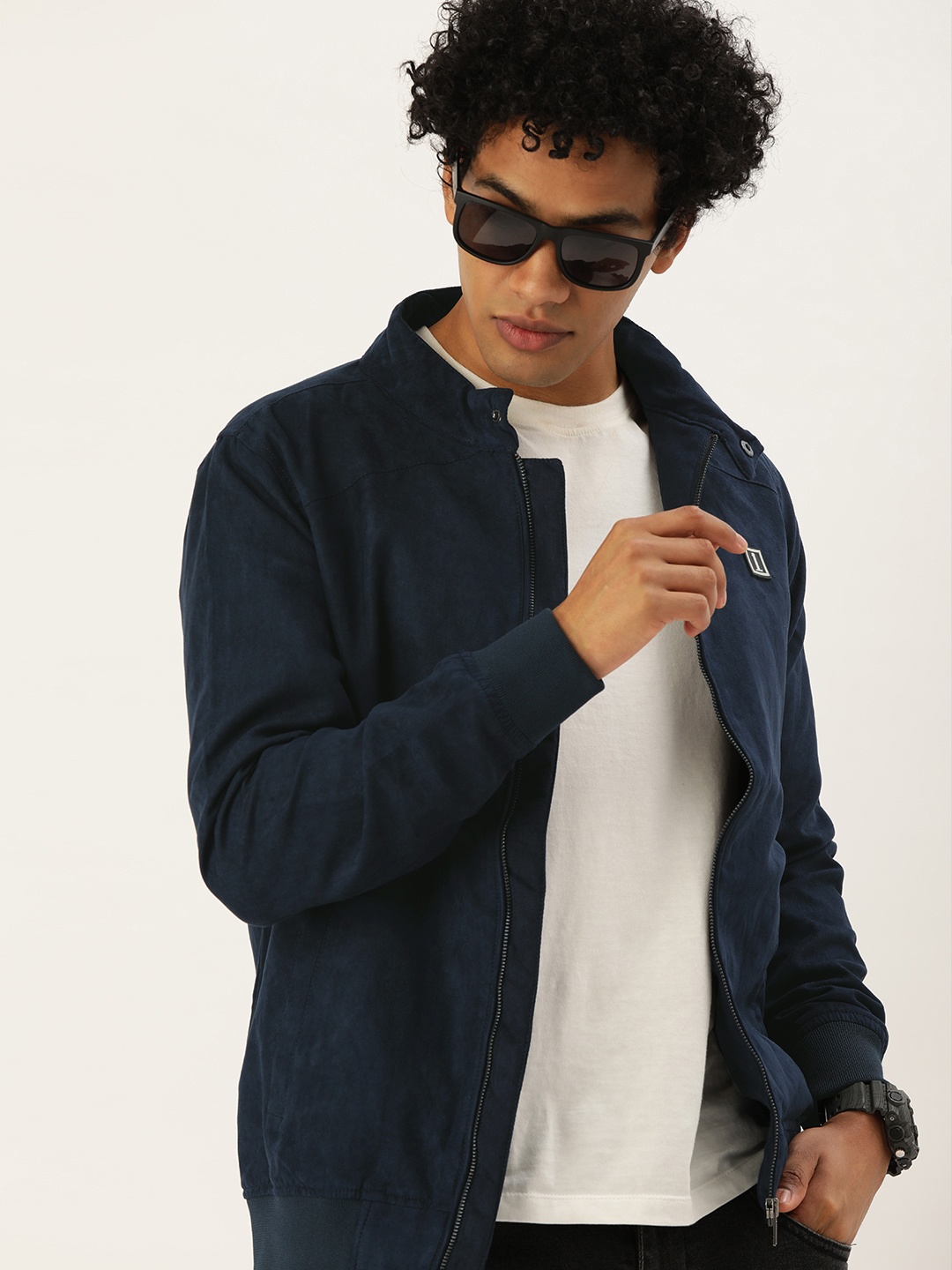 

SINGLE Men Navy Blue Solid Bomber Jacket