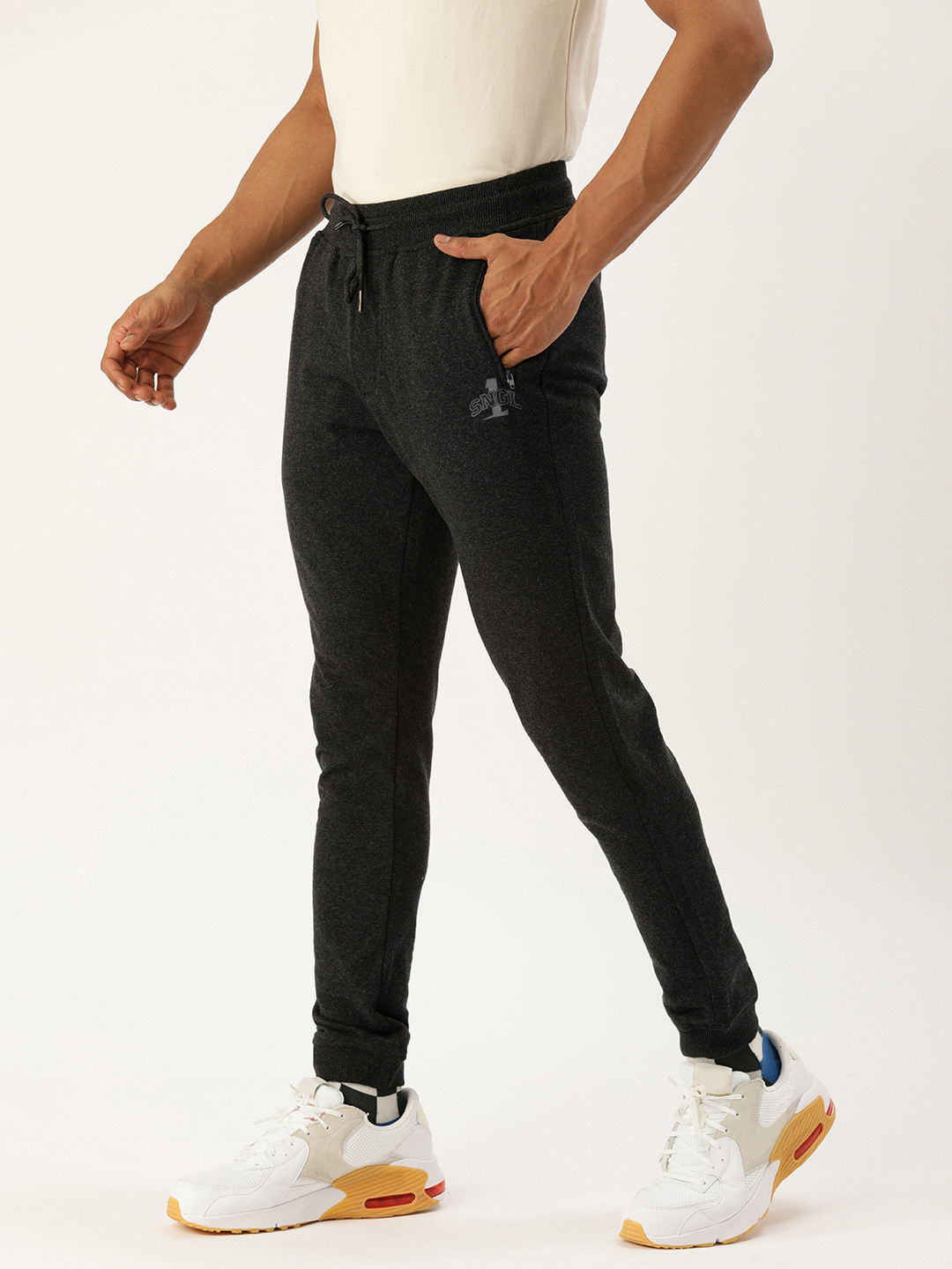 

SINGLE Men Charcoal Grey Jogger Fit Track Pants With Printed Detailing