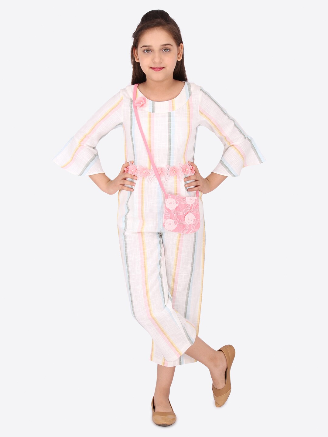 

CUTECUMBER Girls White & Pink Striped Culotte Jumpsuit with Applique
