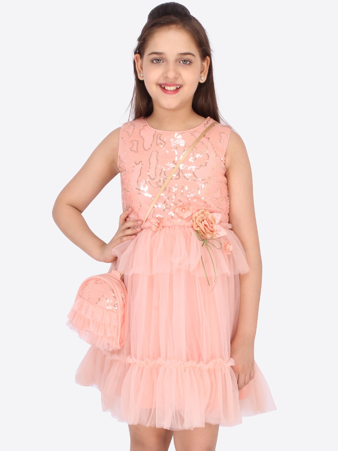 

CUTECUMBER Peach-Coloured & gossamer pink Net Dress