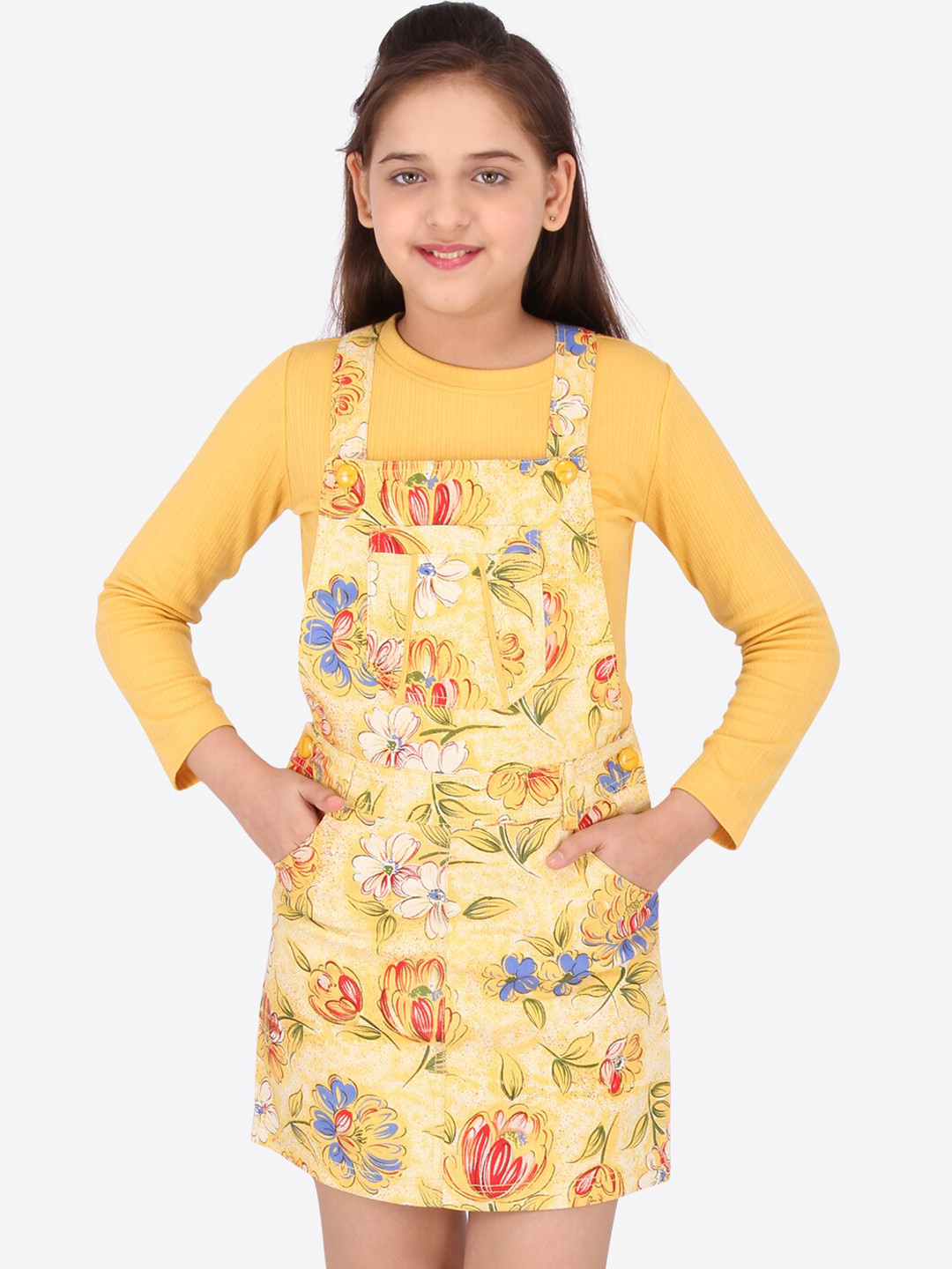 

CUTECUMBER Yellow & banana cream Floral Denim Pinafore Dress