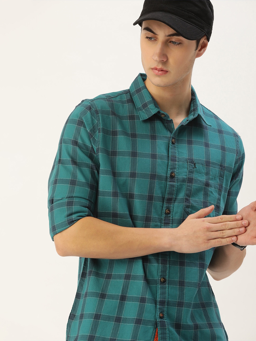 

SINGLE Men Teal Slim Fit Checked Pure Cotton Casual Shirt