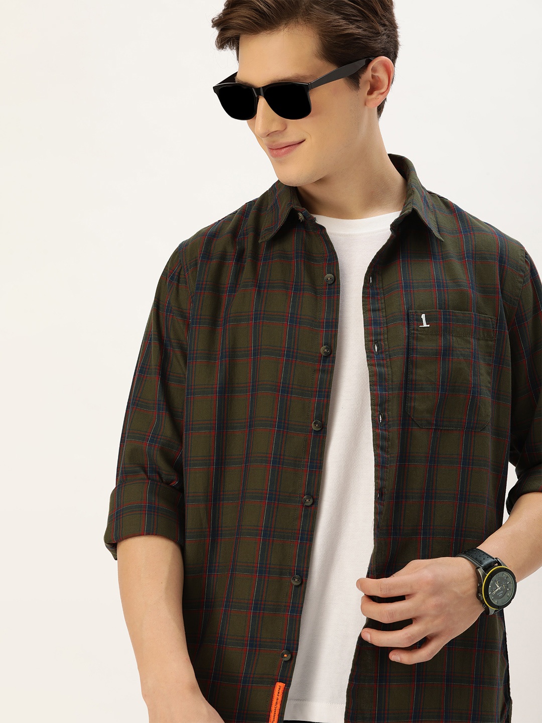 

SINGLE Men Olive Green Slim Fit Checked Pure Cotton Casual Shirt