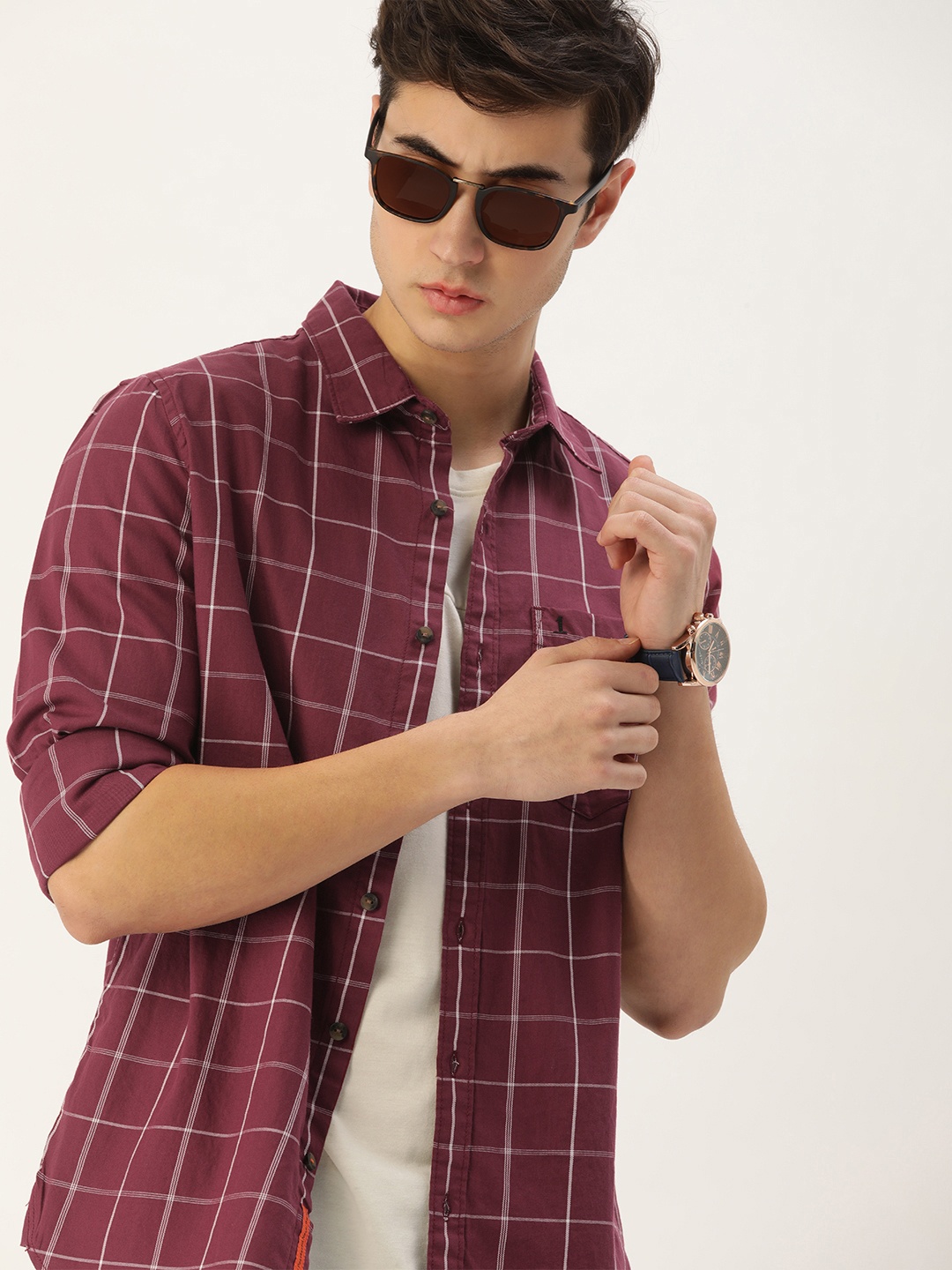 

SINGLE Men Dark Pink Slim Fit Windowpane Checked Pure Cotton Casual Shirt