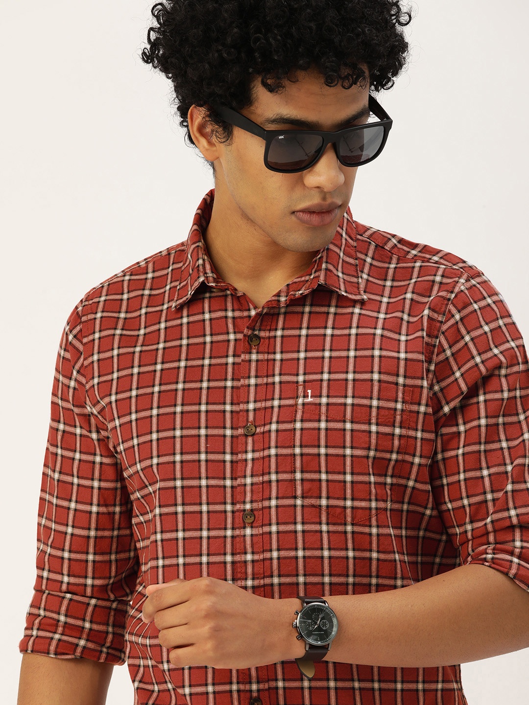 

SINGLE Men Rust Orange Slim Fit Opaque Checked Casual Shirt