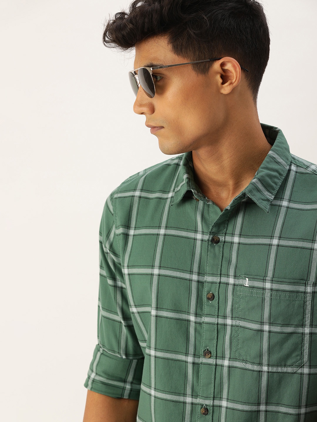 

SINGLE Men Green & White Slim Fit Opaque Checked Casual Shirt