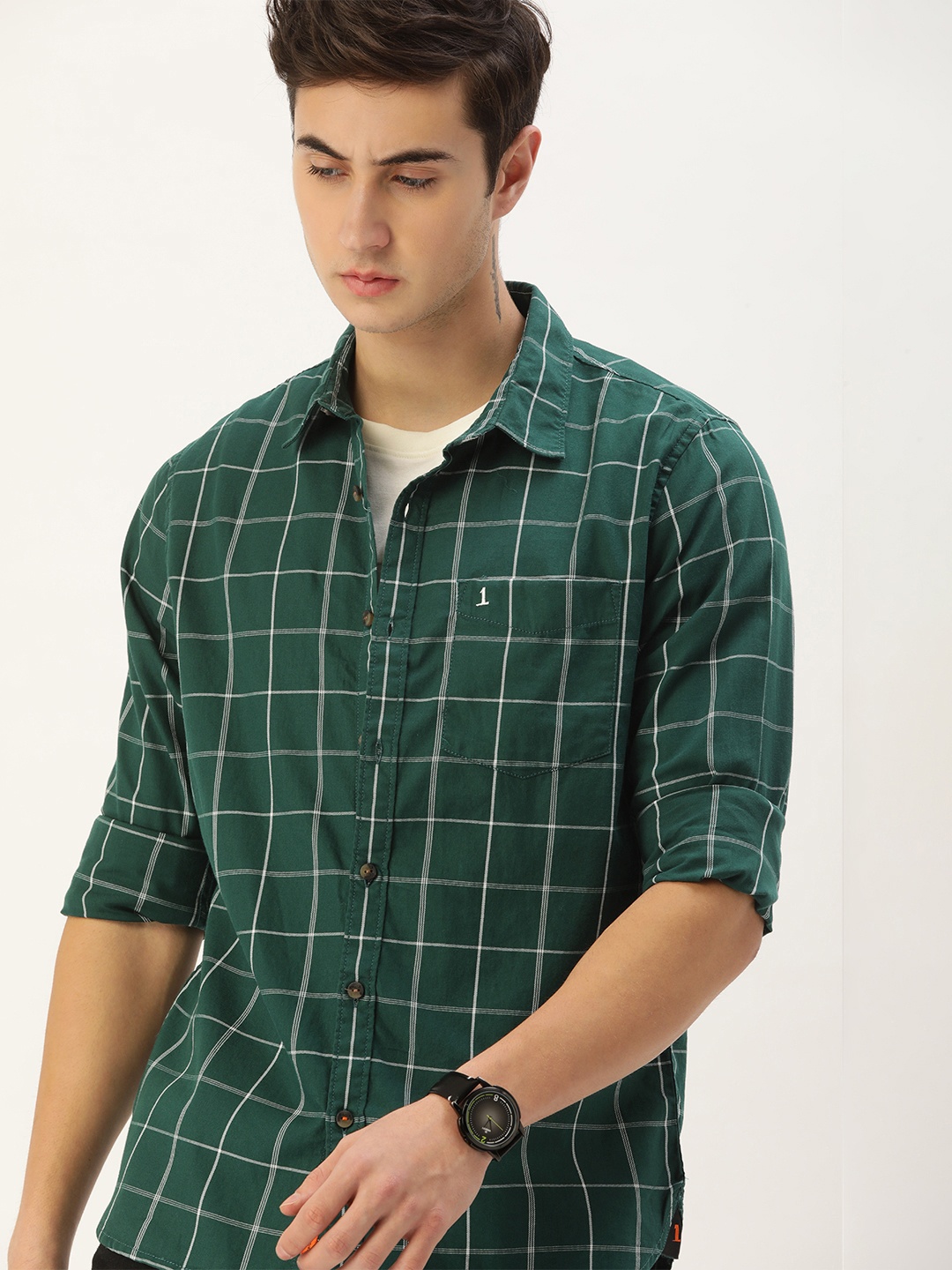 

SINGLE Men Dark Green Slim Fit Windowpane Checked Pure Cotton Casual Shirt