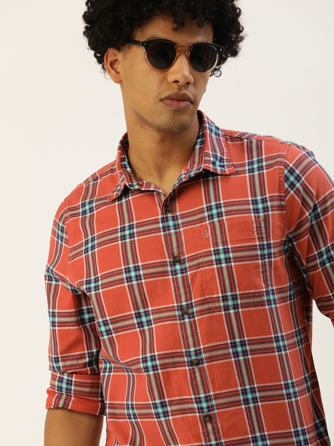 

SINGLE Men Orange & Navy Blue Slim Fit Tartan Checked Pure Cotton Casual Shirt
