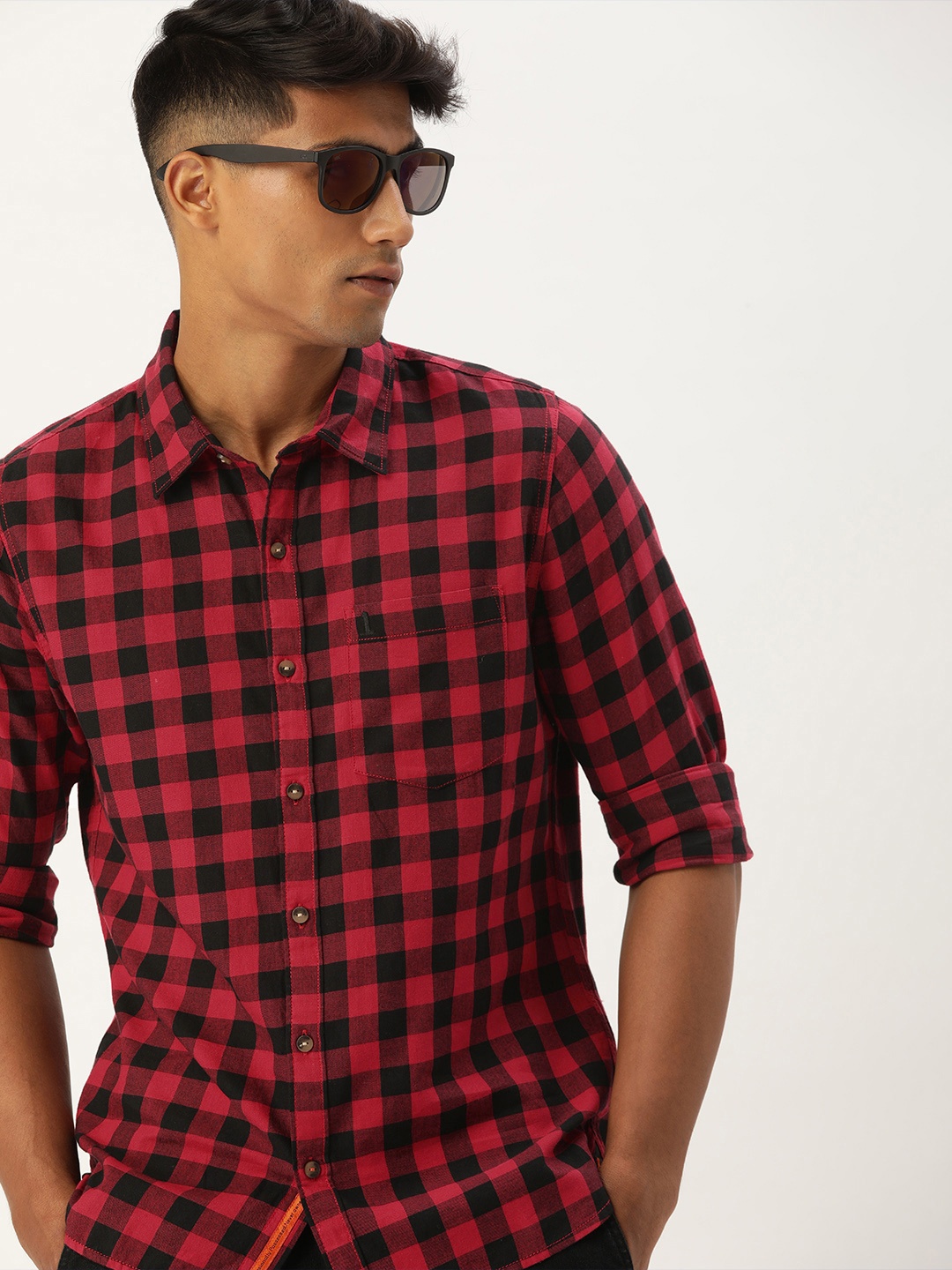 

SINGLE Men Red Slim Fit Gingham Checks Casual Shirt