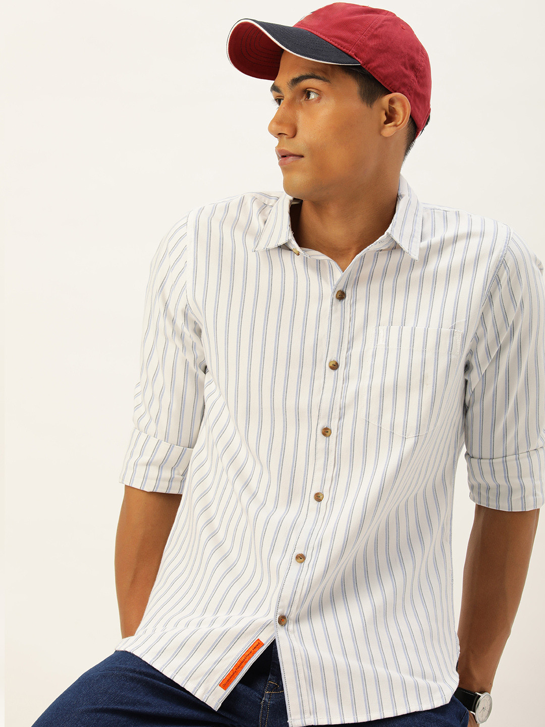 

SINGLE Men White Slim Fit Striped Pure Cotton Casual Shirt