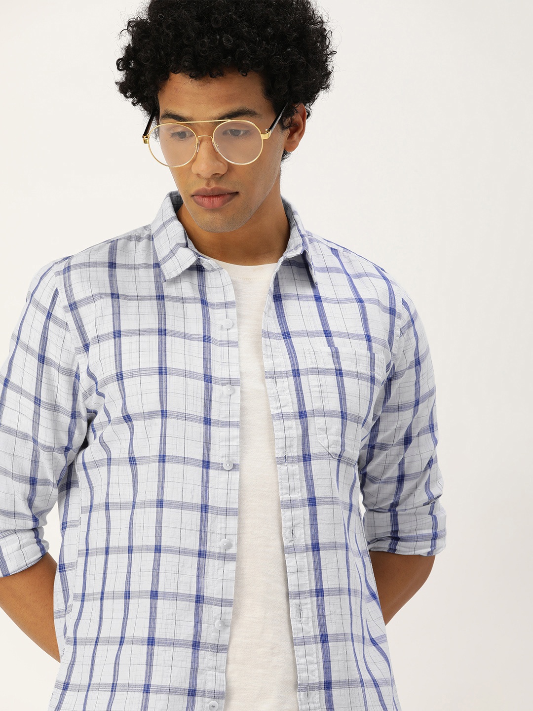 

SINGLE Men White & Blue Slim Fit Windowpane Checks Opaque Checked Casual Shirt