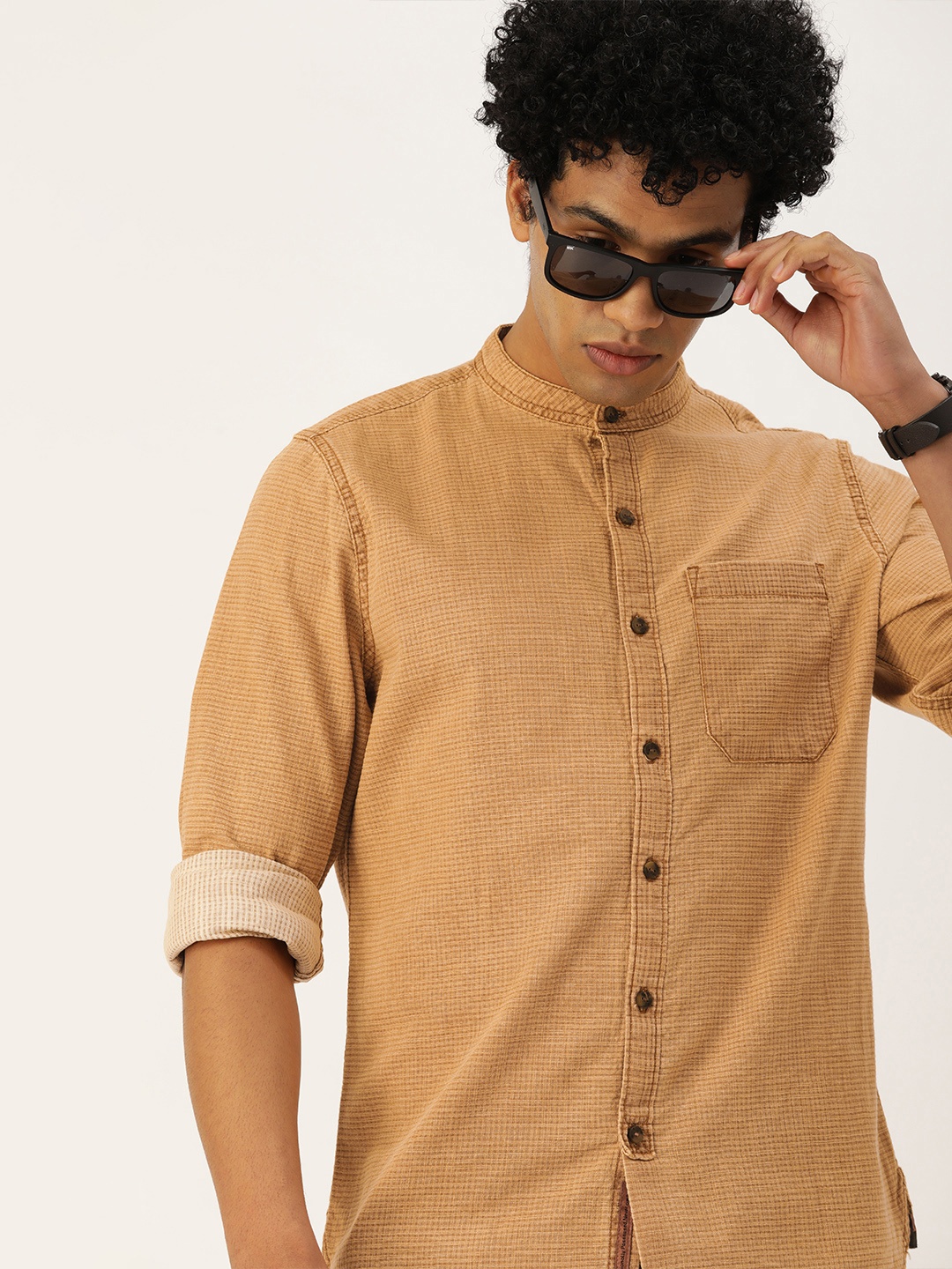 

SINGLE Men Khaki Slim Fit Opaque Casual Shirt