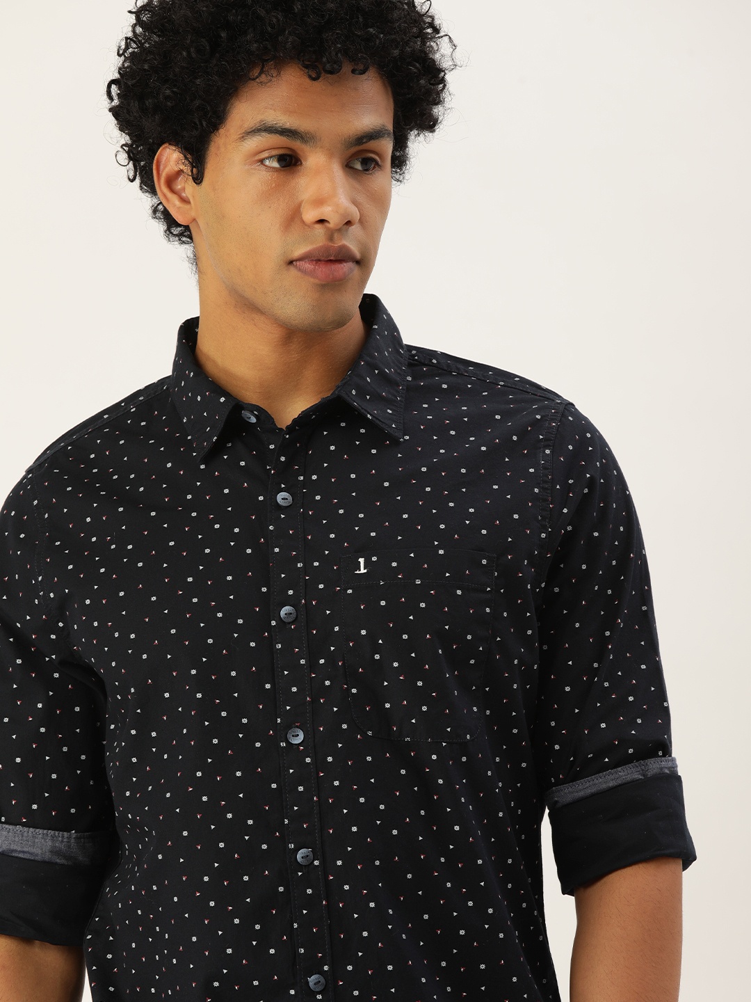 

SINGLE Men Navy Blue Slim Fit Printed Cotton Casual Shirt
