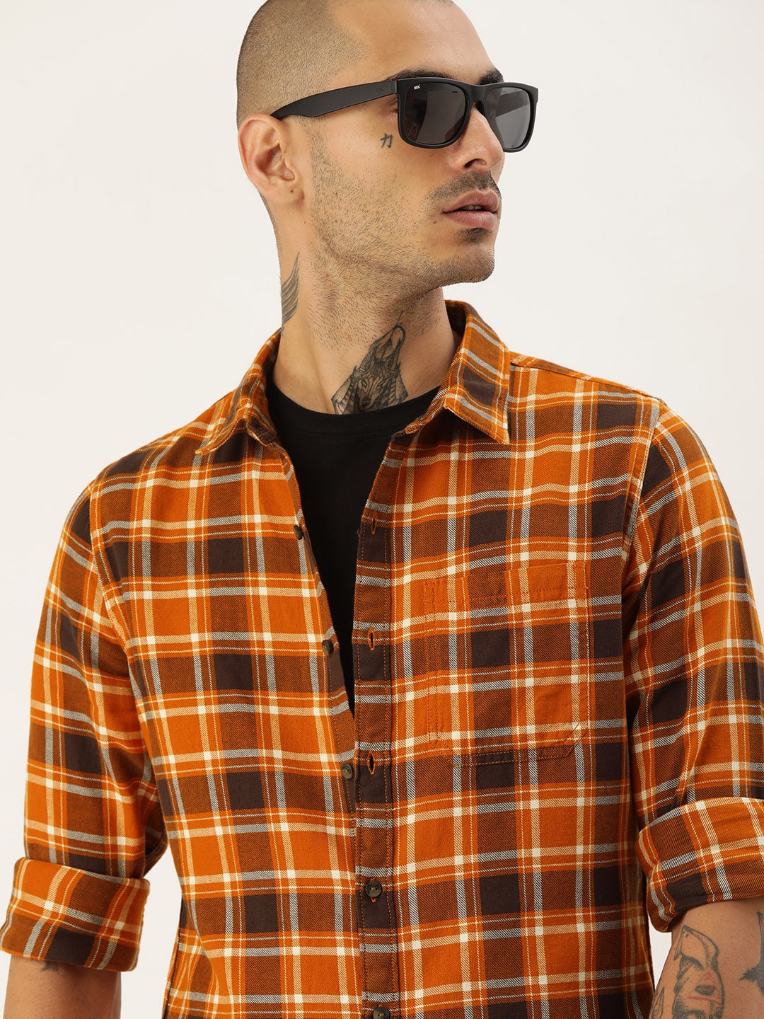 

SINGLE Men Orange Slim Fit Tartan Checked Cotton Casual Shirt