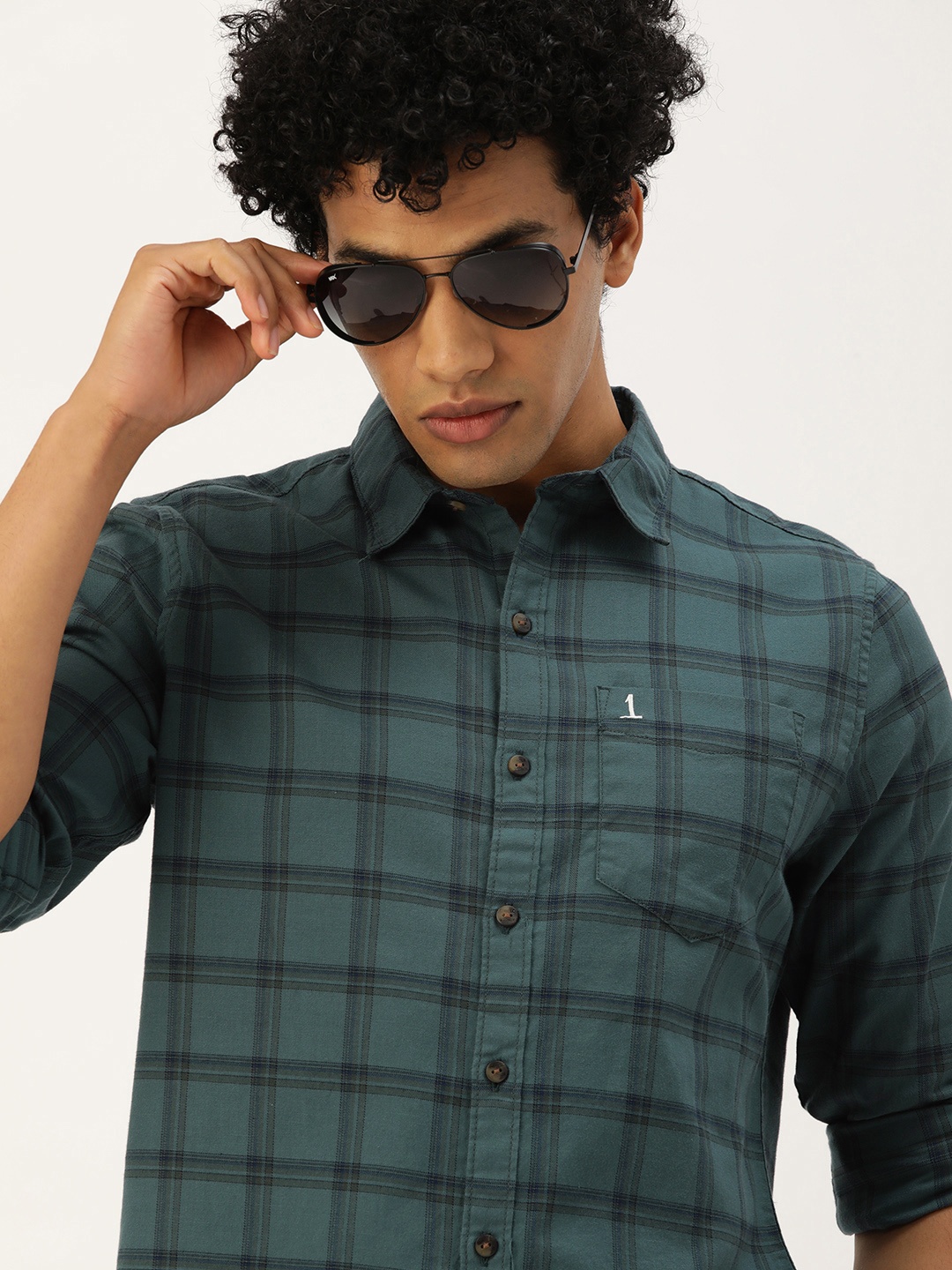 

SINGLE Men Teal Green & Blue Slim Fit Windowpane Checks Opaque Checked Casual Shirt