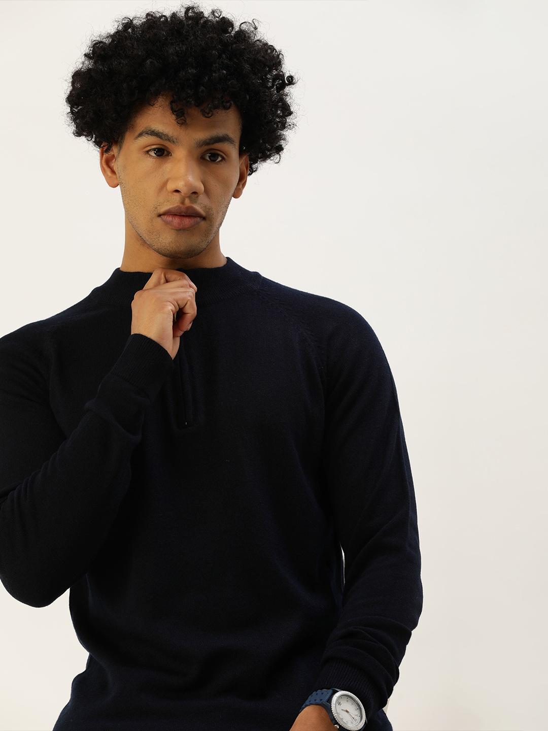 

SINGLE Men Navy Blue Solid Half Zipper Pullover Sweater
