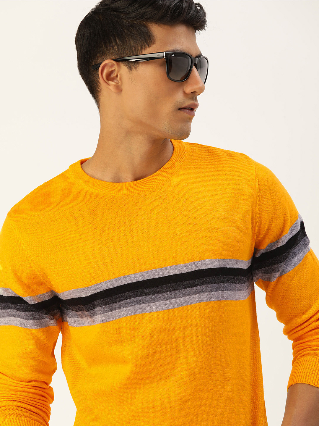 

SINGLE Men Mustard Yellow & Grey Striped Pullover