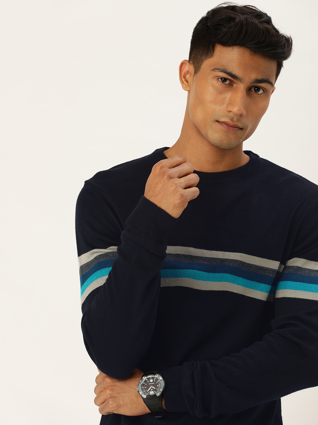 

SINGLE Men Navy Blue & Grey Slim Fit Striped Pullover