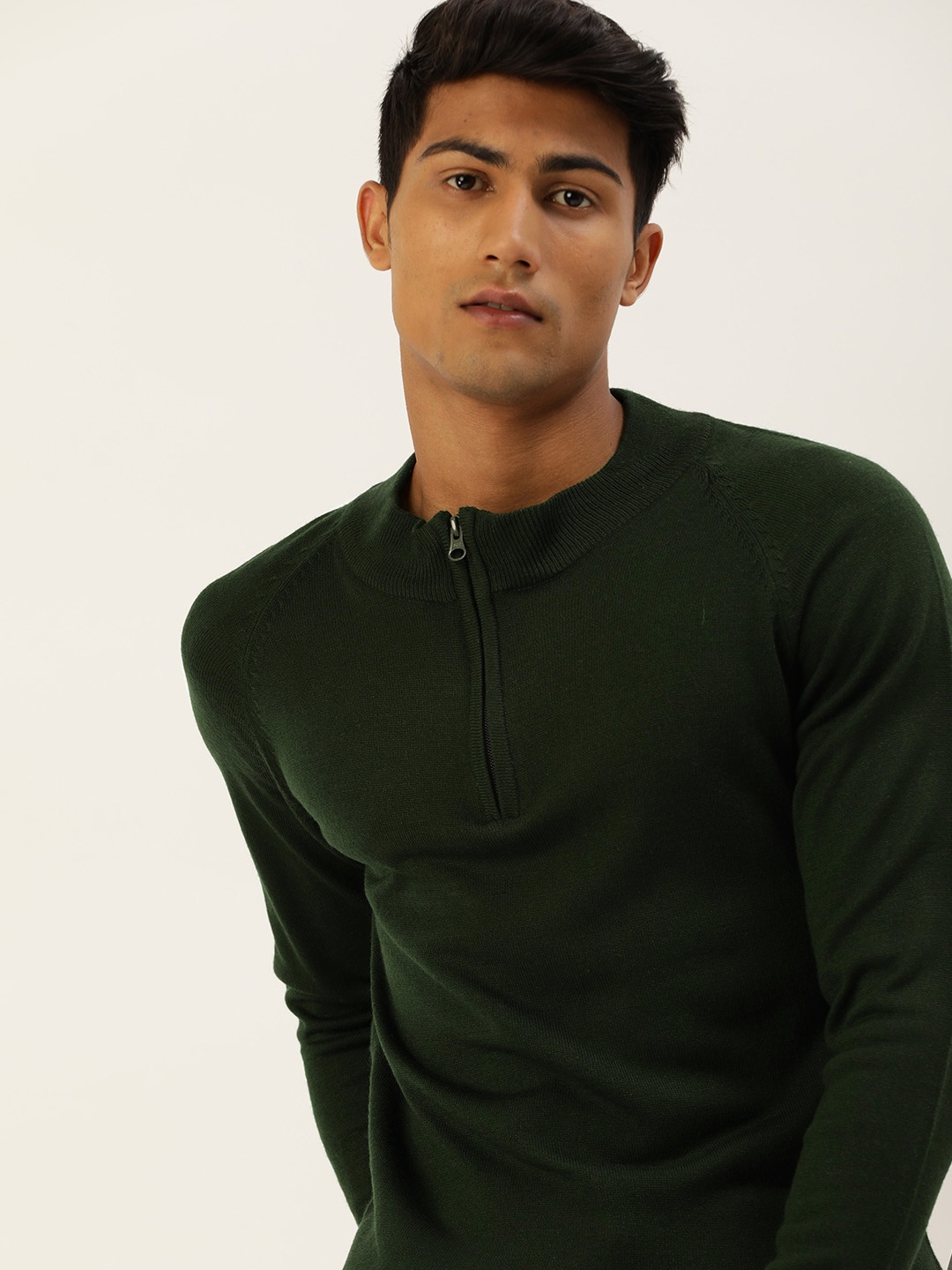 

SINGLE Men Olive Green Slim Fit Half Zipper Pullover