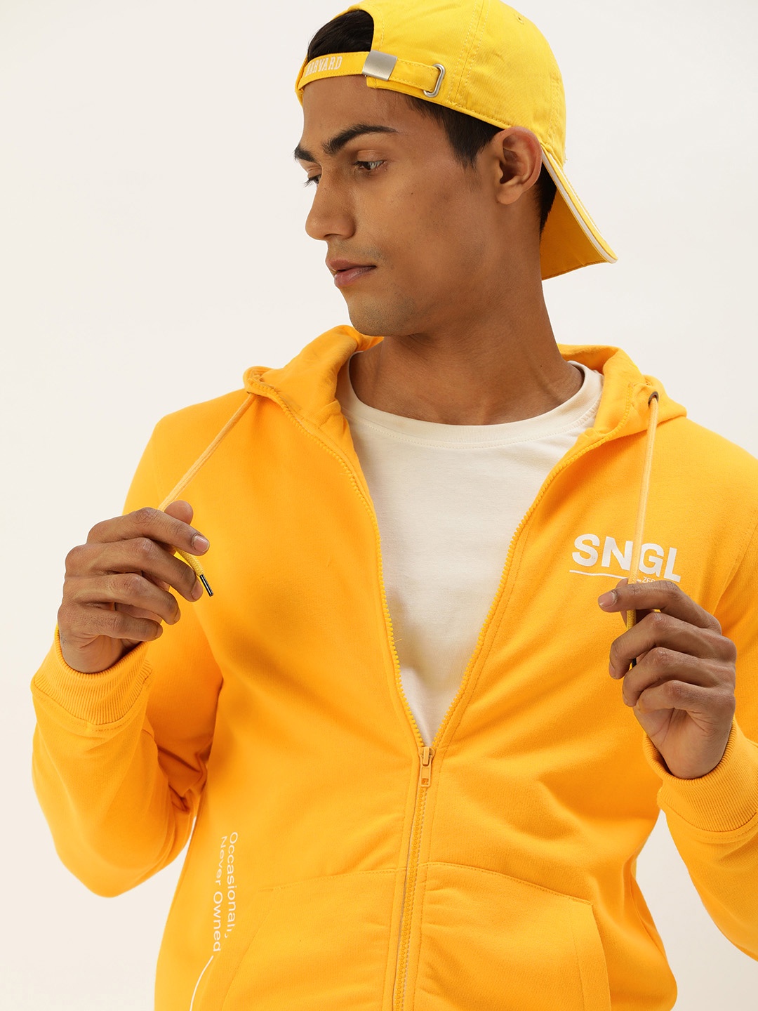 

SINGLE Men Yellow Hooded Sweatshirt with Printed Detailing