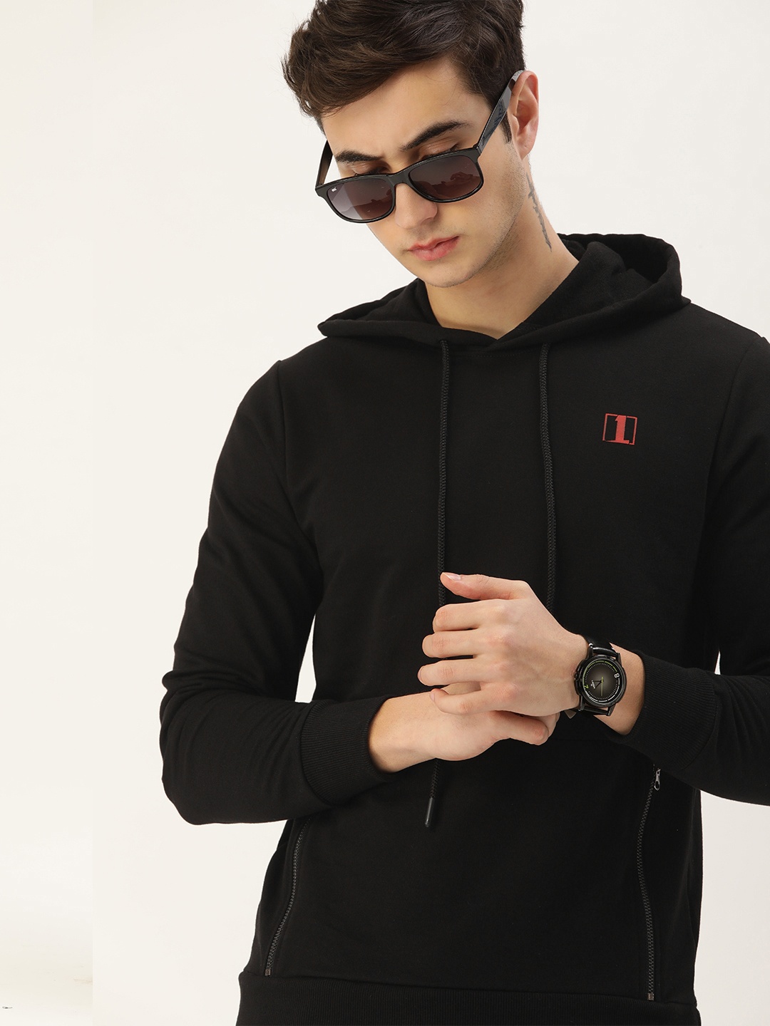 

SINGLE Men Black Solid Hooded Sweatshirt