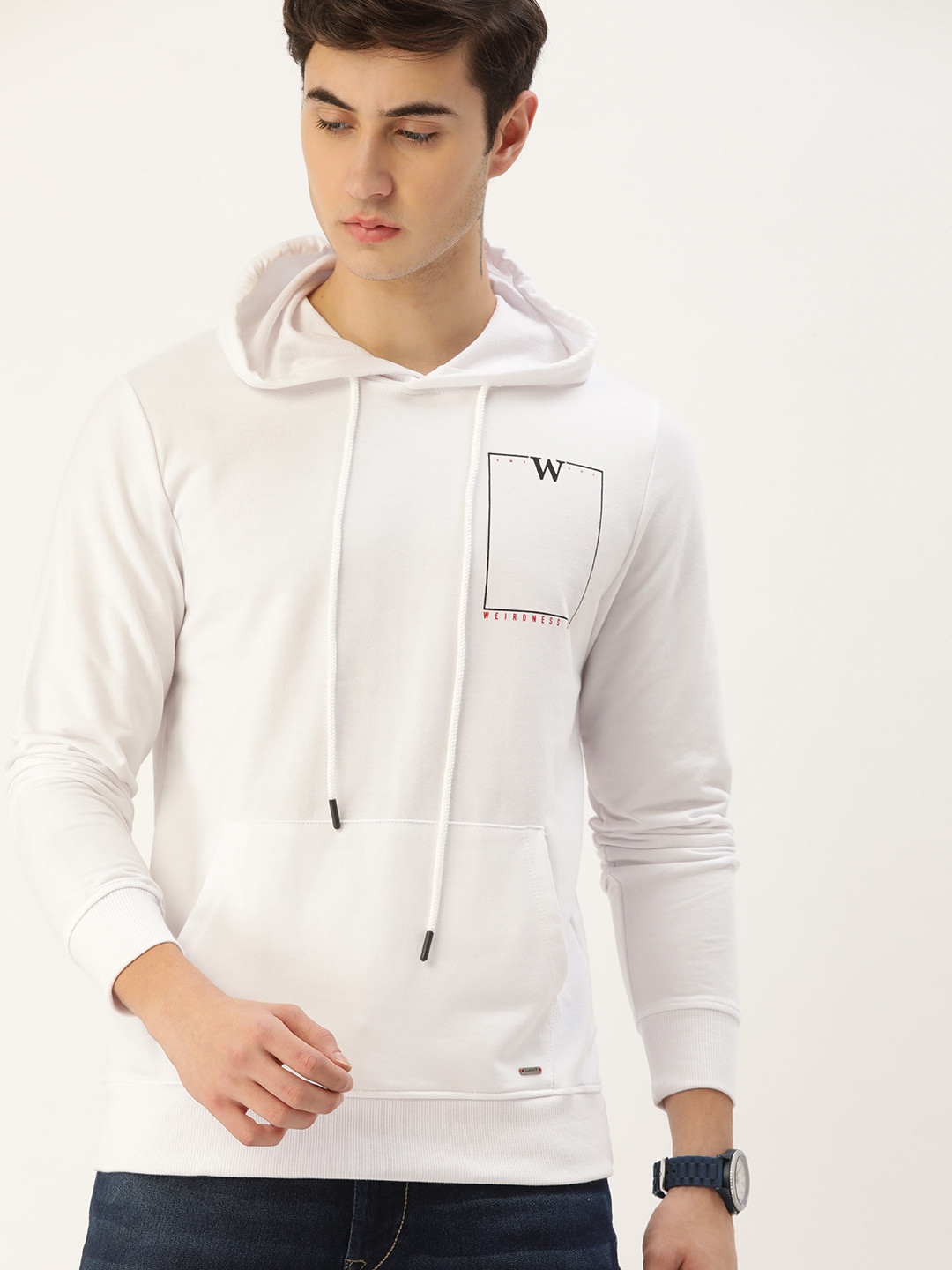 

SINGLE Men White Printed Hooded Sweatshirt