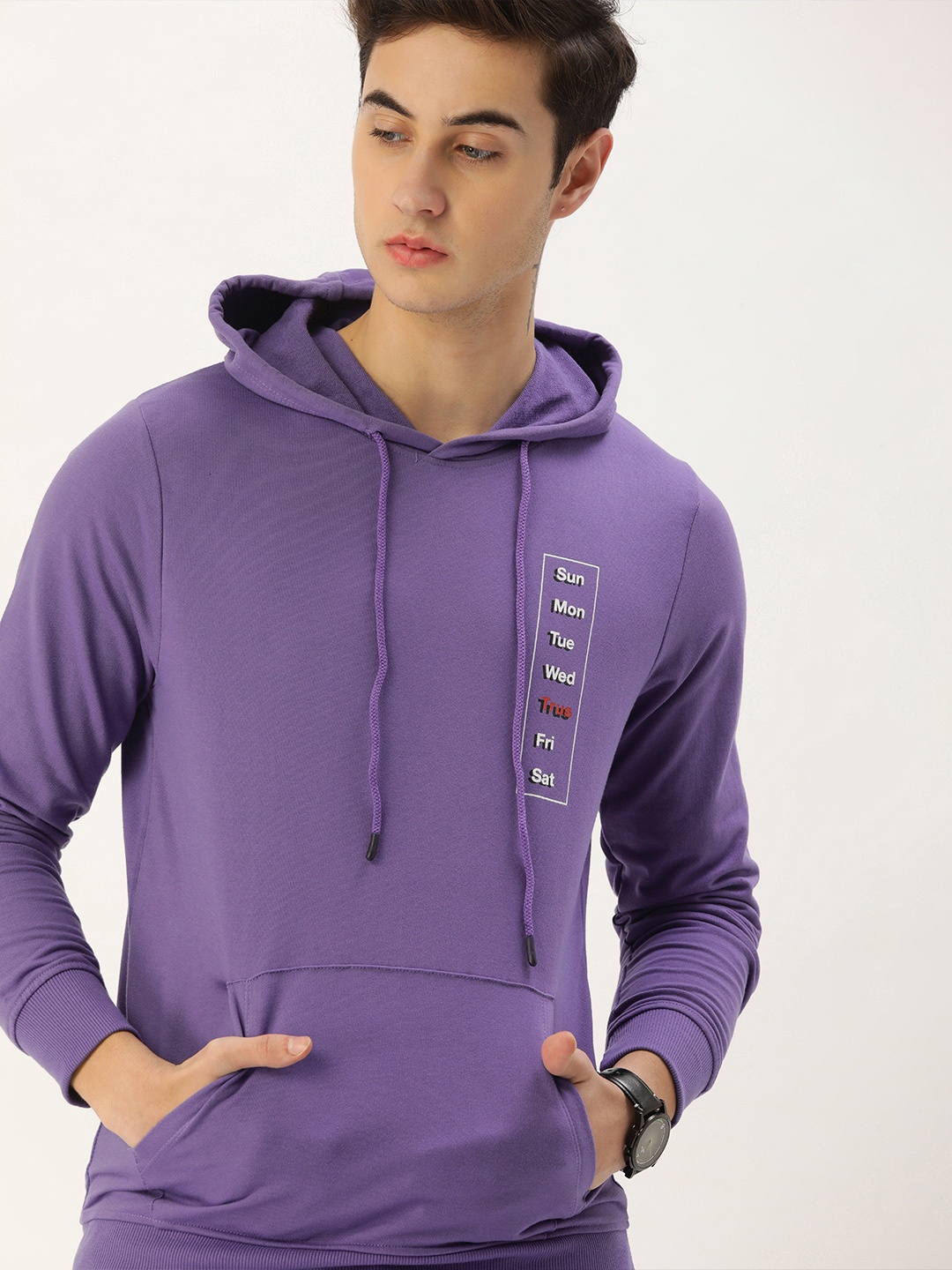 

SINGLE Men Purple Printed Hooded Sweatshirt