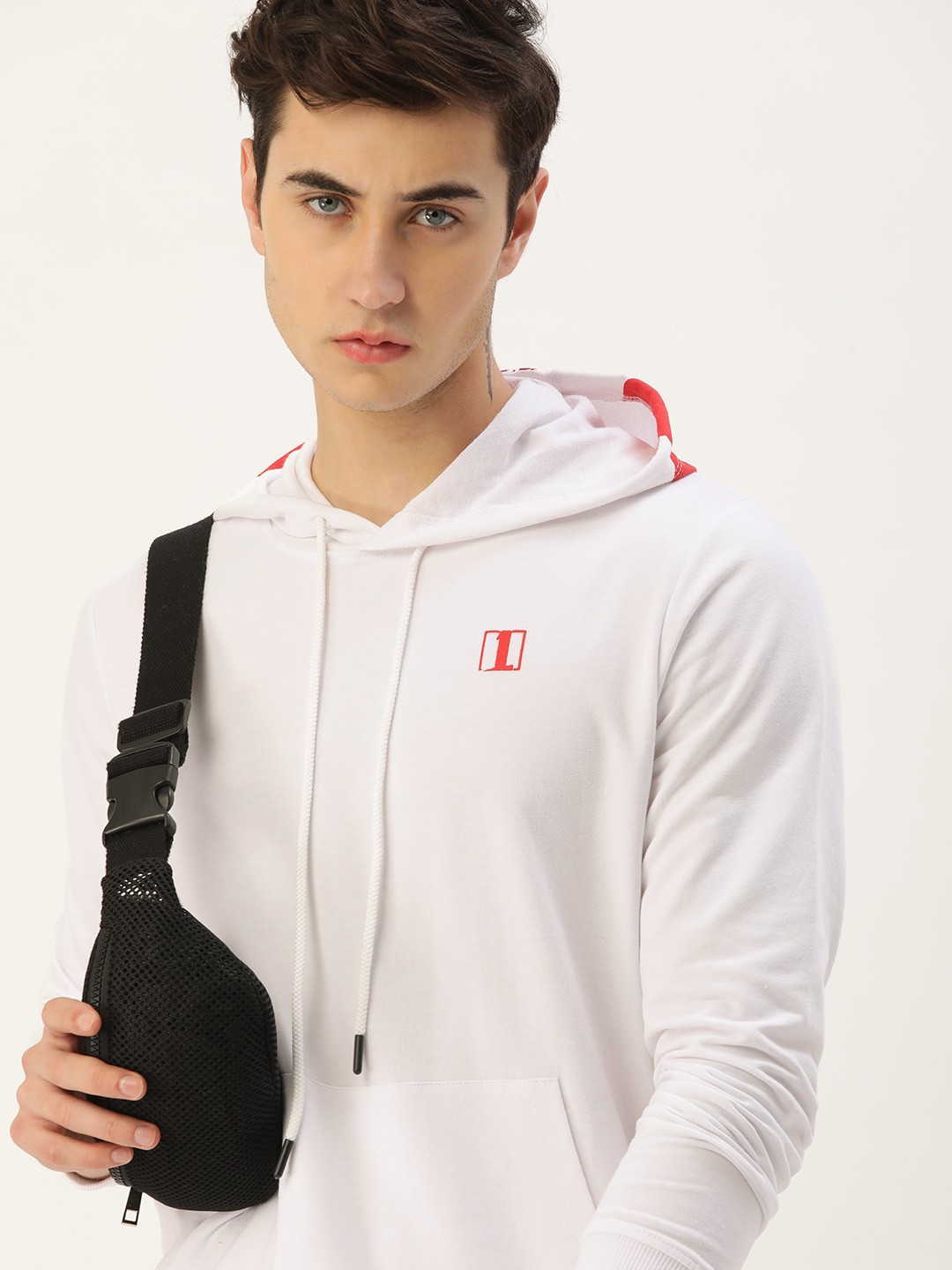 

SINGLE Men White Solid Hooded Sweatshirt