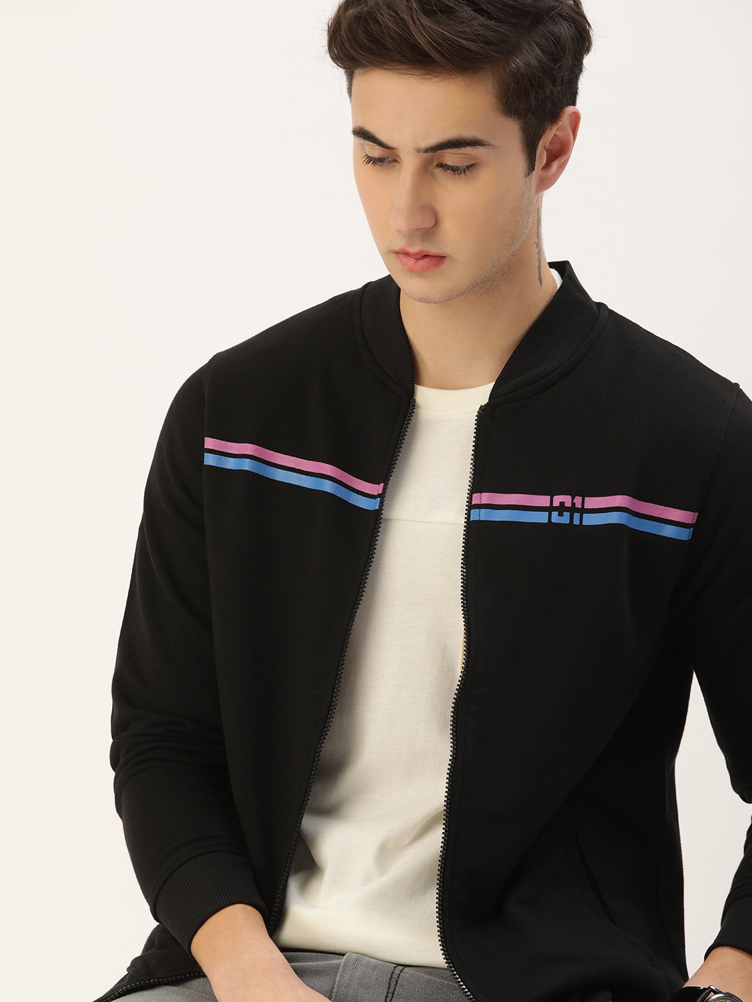 

SINGLE Men Black & Blue Striped Slim Fit Front-Open Sweatshirt