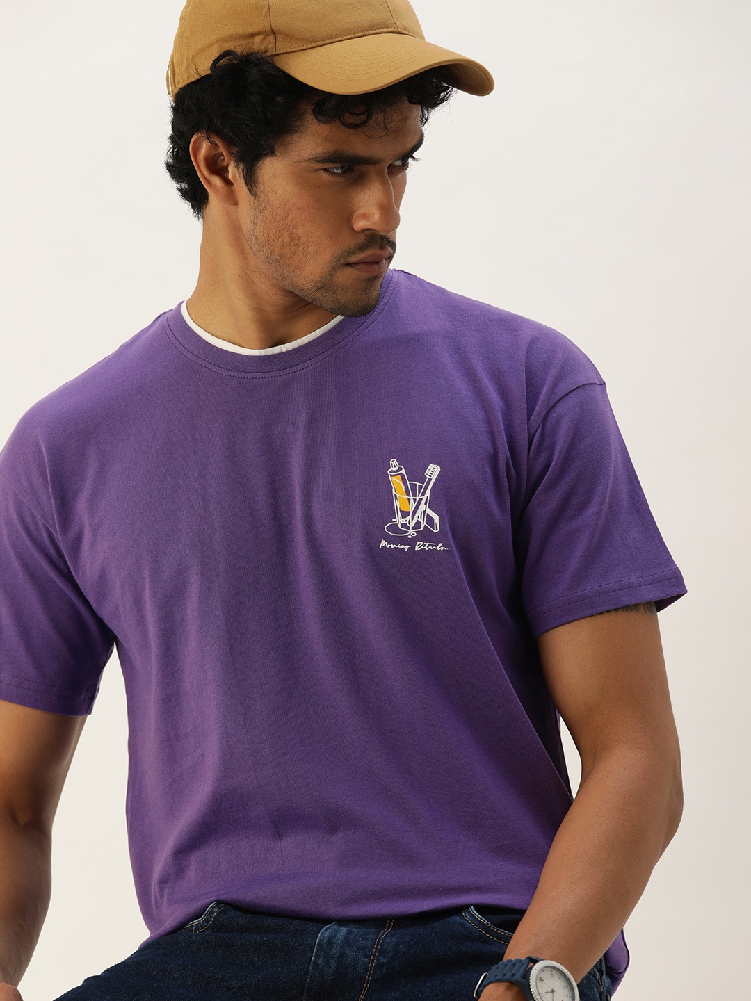 

SINGLE Men Purple Printed Detail Drop-Shoulder Sleeves Boxy Fit Pure Cotton T-shirt