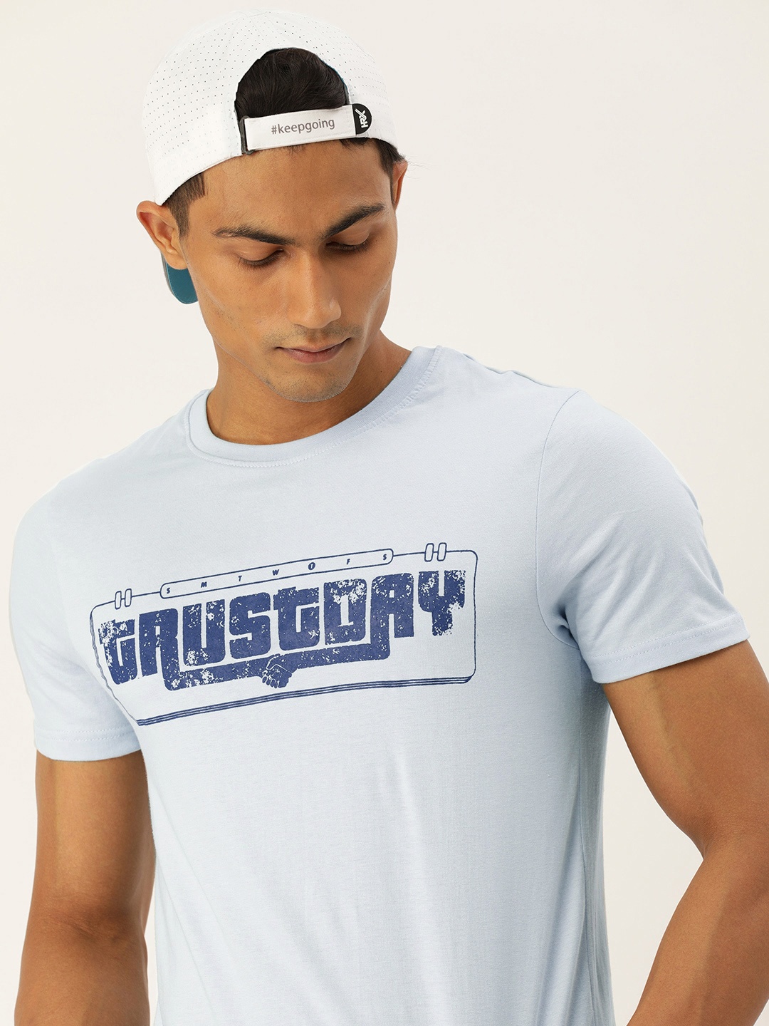 

SINGLE Men Blue Typography Printed Slim Fit Pure Cotton T-shirt
