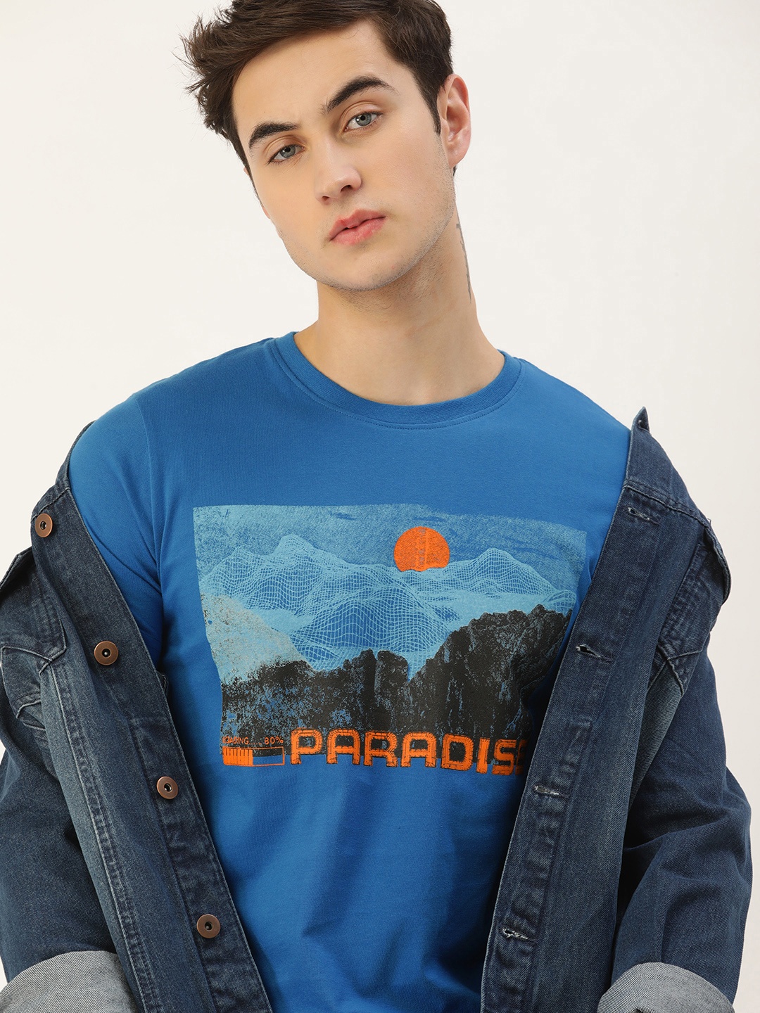 

SINGLE Men Blue Printed Slim Fit T-shirt