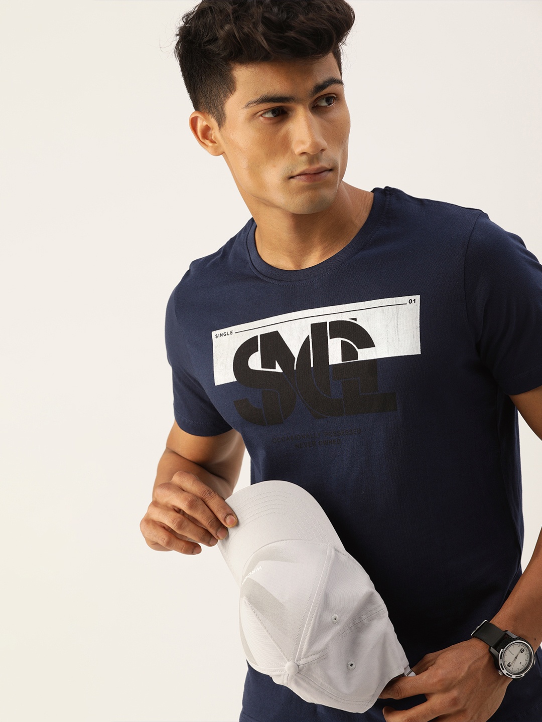

SINGLE Men Navy Blue Brand Logo Printed Slim Fit Pure Cotton T-shirt