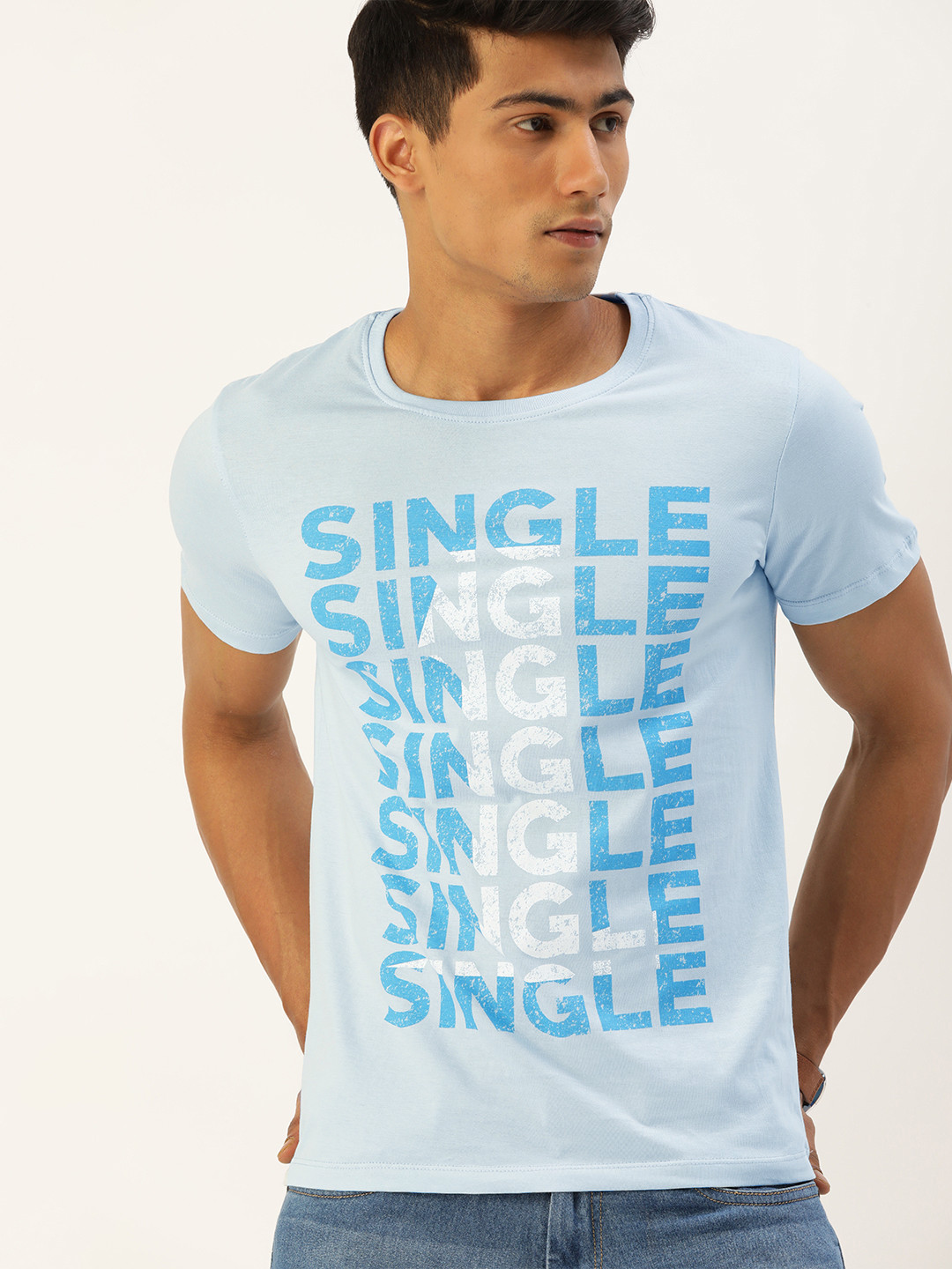 

SINGLE Men Blue & White Typography Print Cotton T-shirt