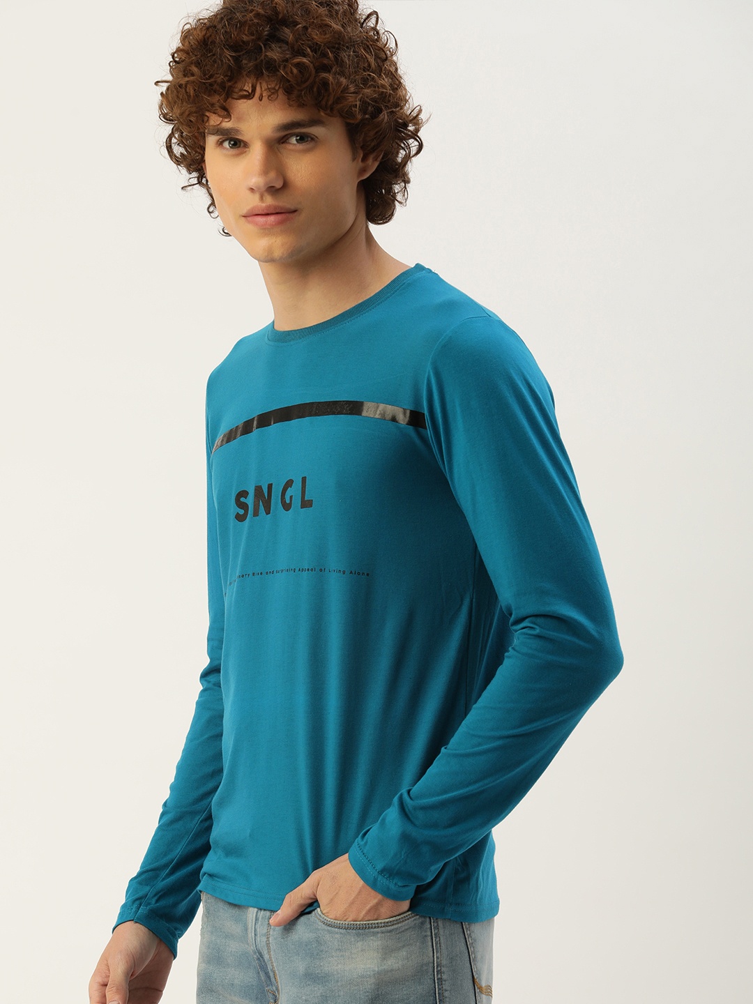 

SINGLE Men Blue Brand Logo Print Round Neck Regular Sleeves Slim Fit Knitted T-shirt