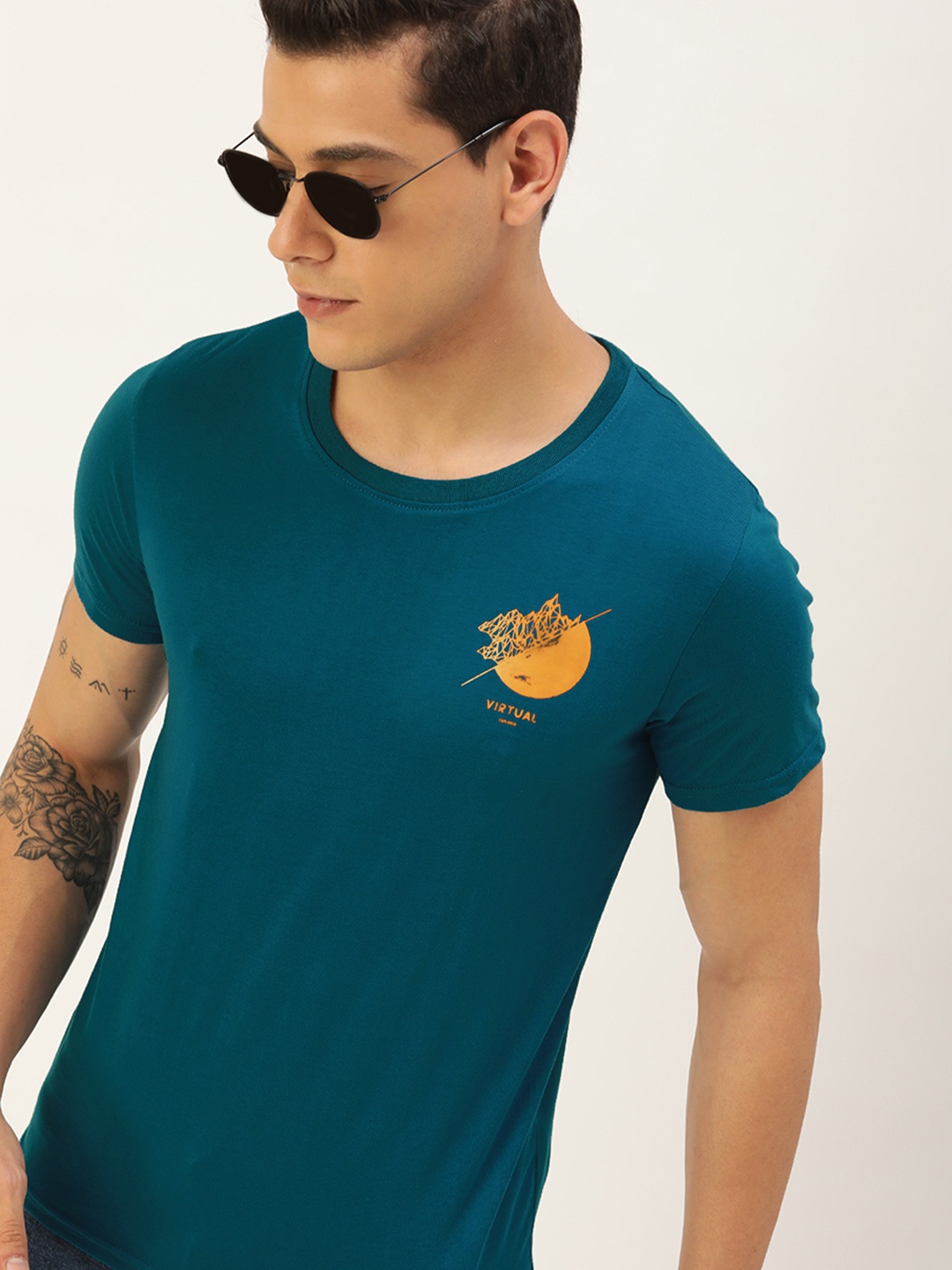 

SINGLE Men Teal Blue Graphic Placement Print Round Neck Pure Cotton Slim Fit T-shirt