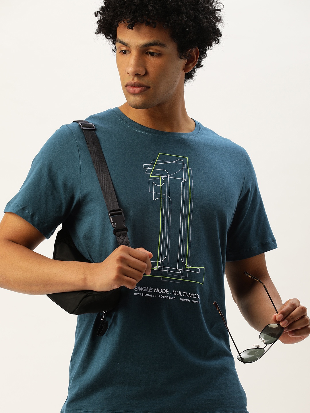 

SINGLE Men Teal Blue Printed Cotton Pure Cotton T-shirt