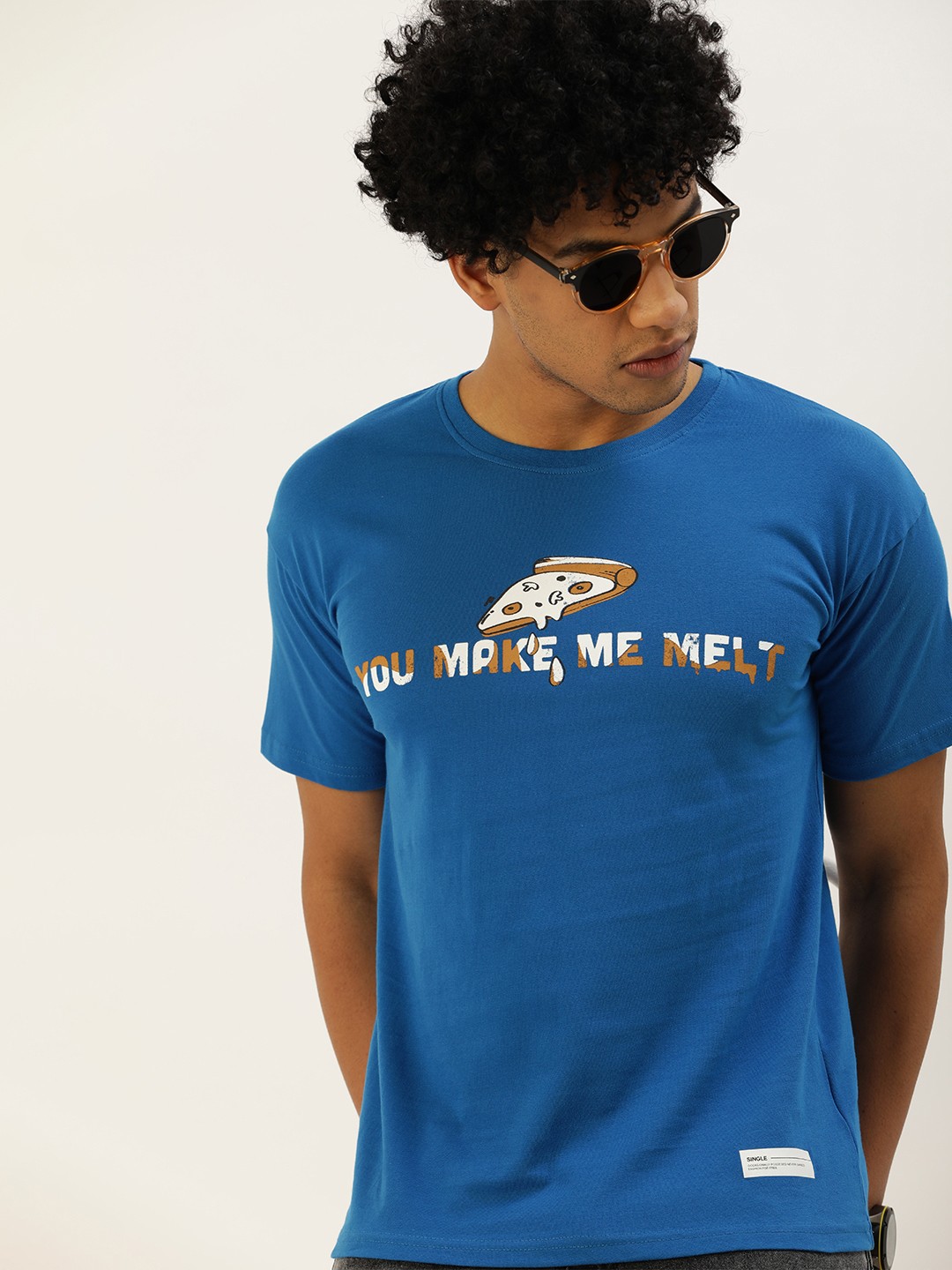 

SINGLE Men Blue Typography Printed Boxy Fit Pure Cotton T-shirt