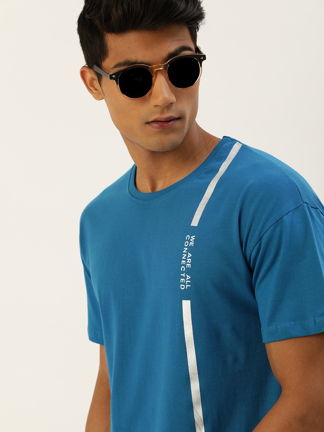 

SINGLE Men Blue Typography Printed Drop-Shoulder Sleeves Pure Cotton T-shirt