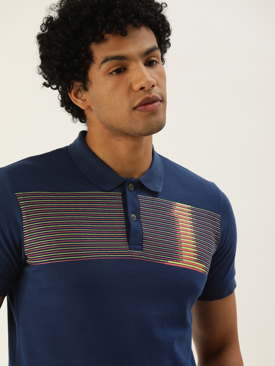 

SINGLE Men Navy Blue Printed Polo Collar Slim Fit Casual T-shirt
