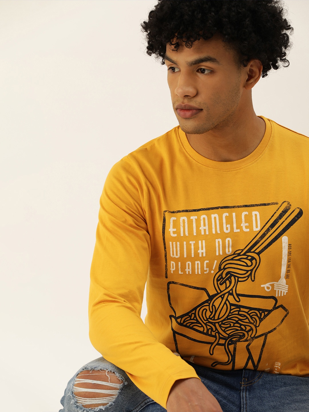 

SINGLE Men Mustard Yellow Typography Printed Slim Fit Pure Cotton T-shirt