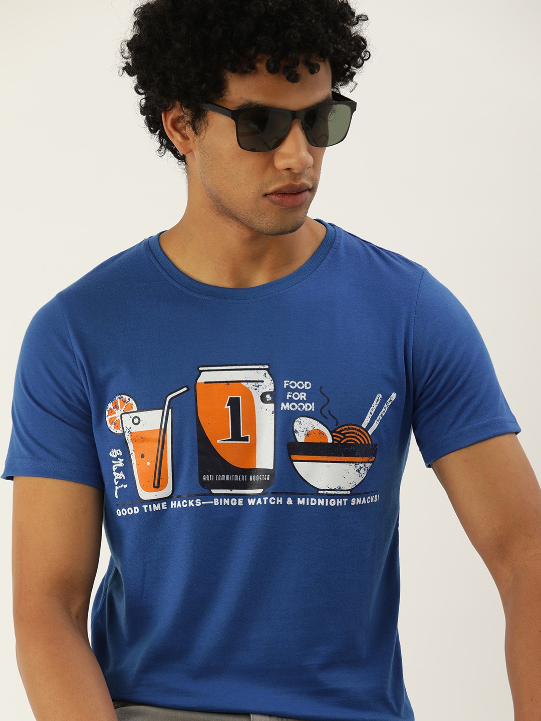 

SINGLE Men Blue Printed Round-Neck Slim Fit Casual T-shirt