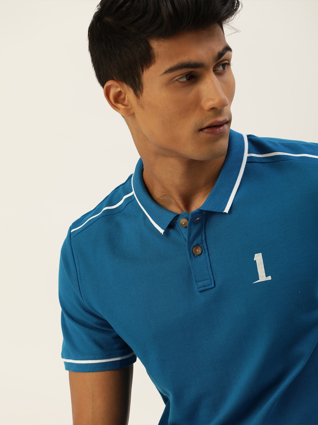 

SINGLE Men Teal Blue Printed Detail Pure Cotton Polo Collar T-shirt