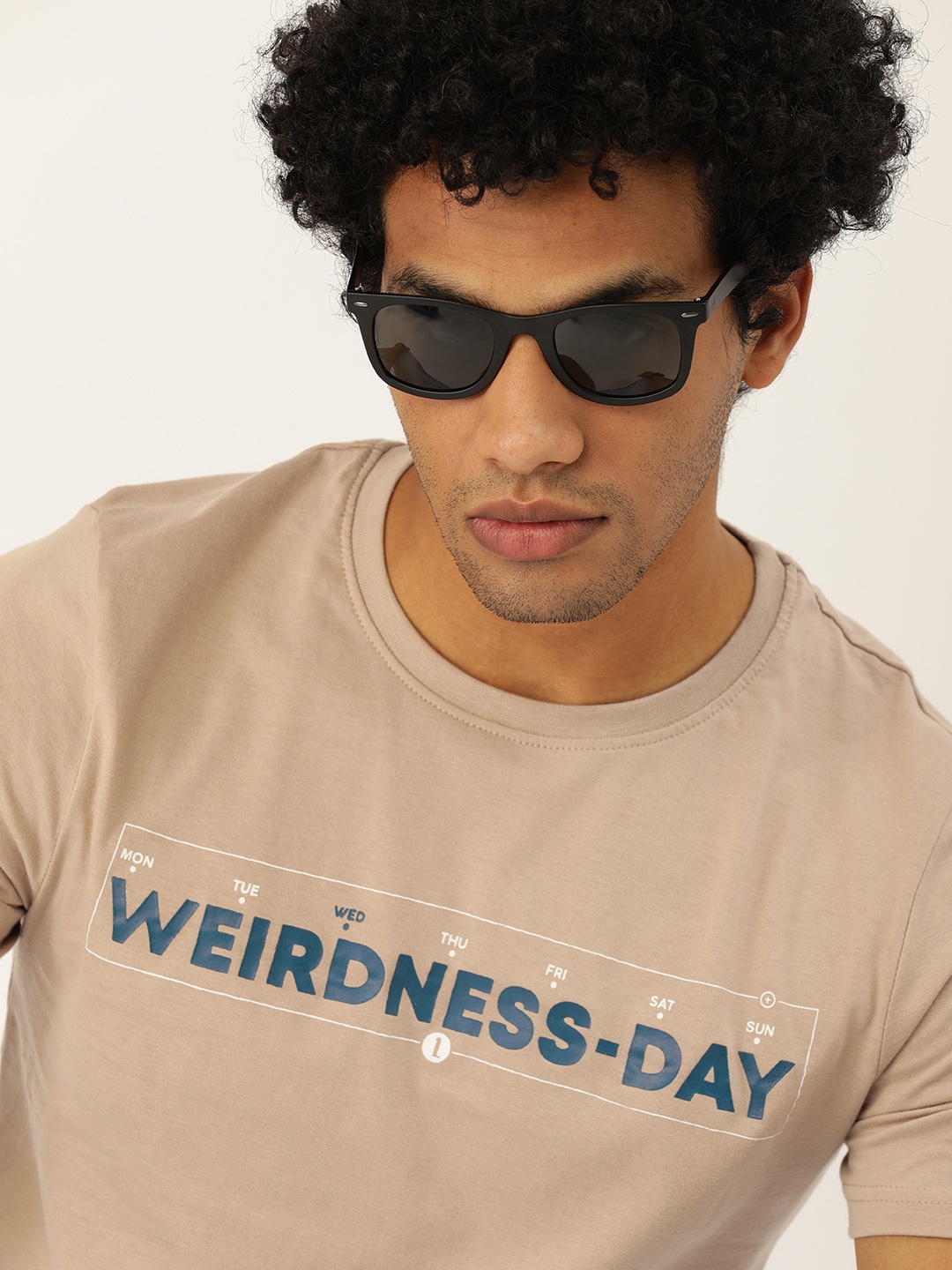 

SINGLE Men Beige Typography Printed Slim Fit Pure Cotton T-shirt