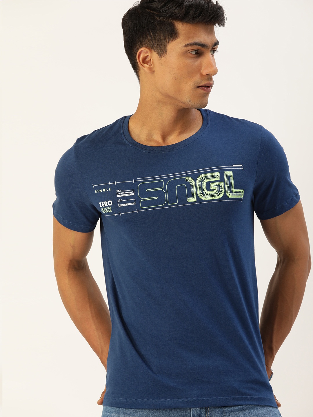 

SINGLE Men Navy Blue Cotton Brand Logo Print Slim Fit T-shirt